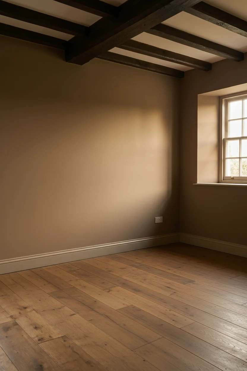 English Country Bedroom featuring mushroom walls with brass Georgian bed and russet toile bedding empty room
