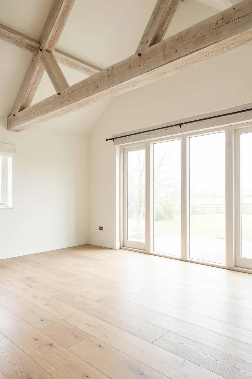 English Country Bedroom featuring whitewashed beams with iron bed and rattan pendant empty room