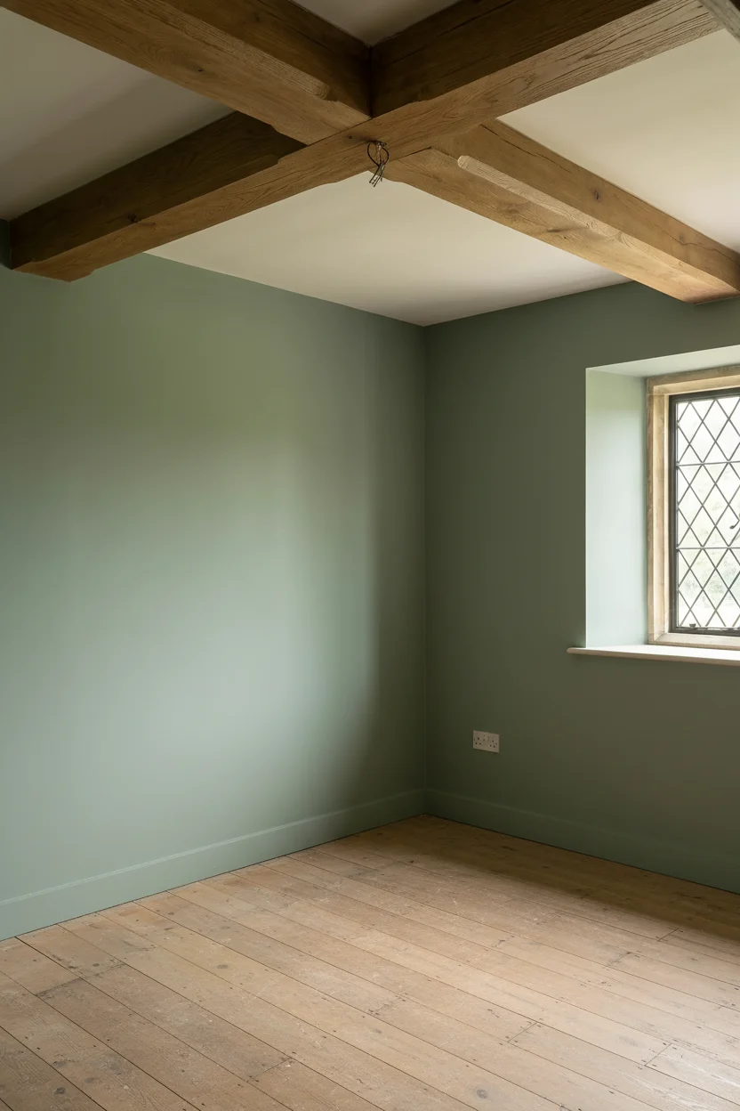 English Country Bedroom featuring heritage green walls with four poster bed and brass pendant empty room
