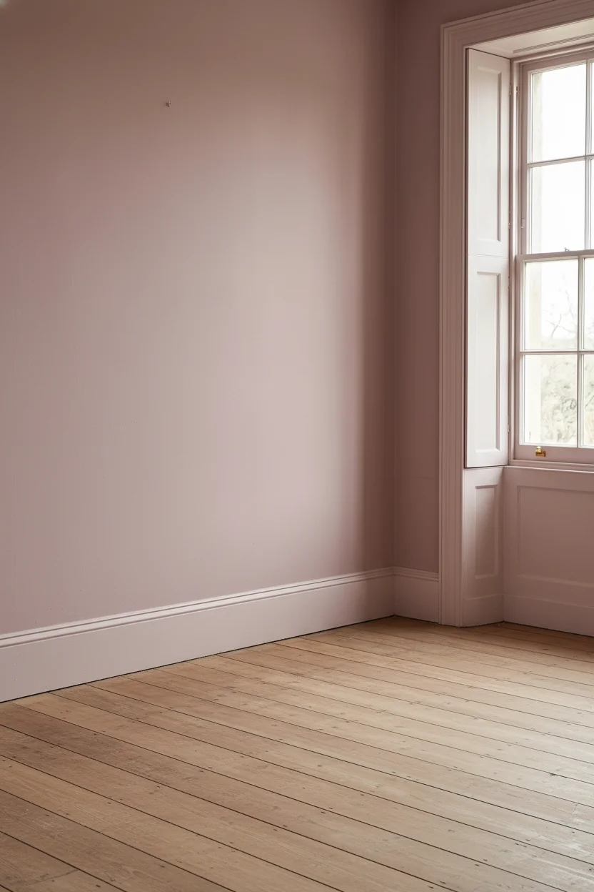 English Country Bedroom featuring pink French toile duvet with burgundy ticking stripes and mauve velvet cushions empty room