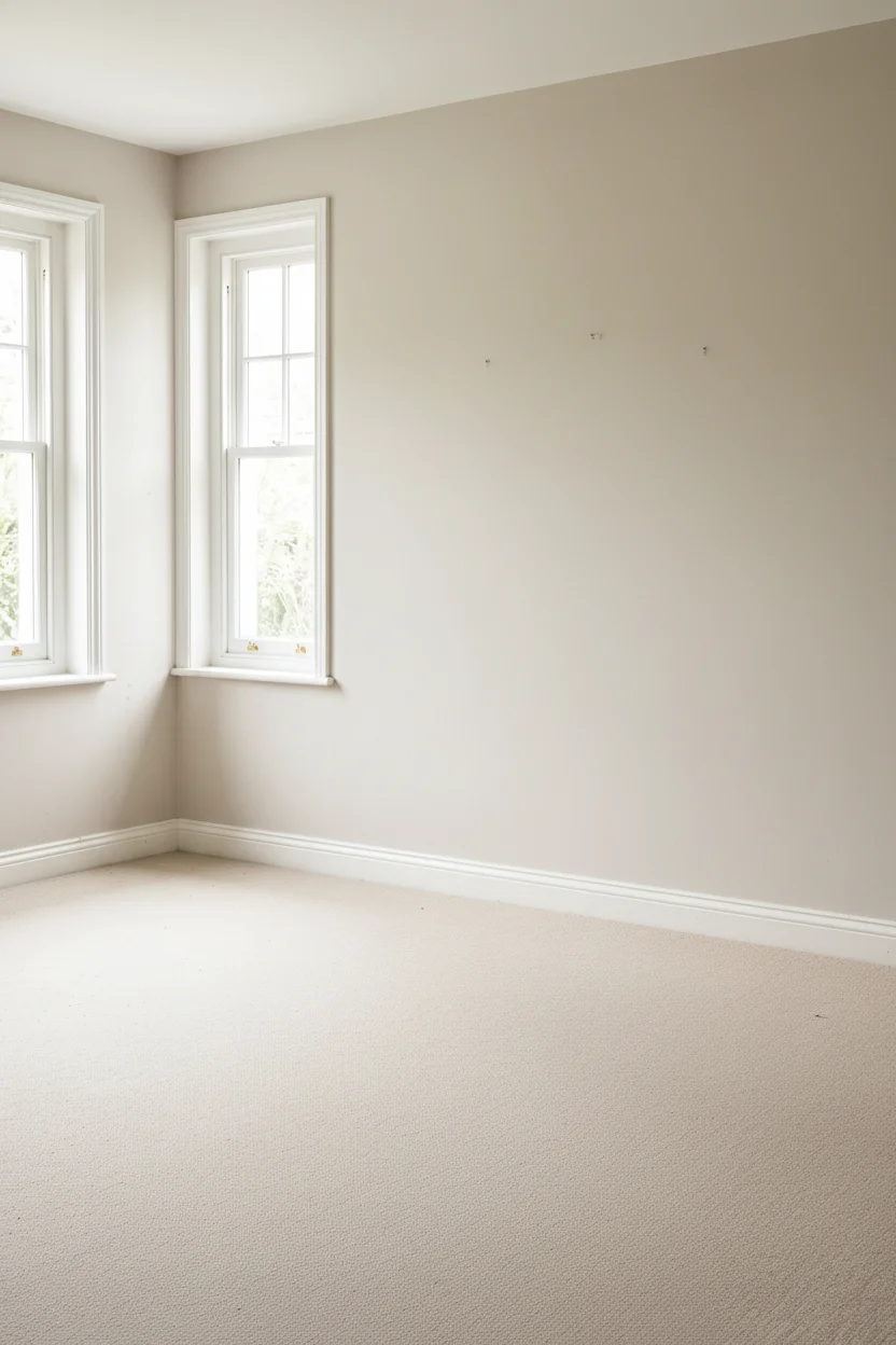 English Country Bedroom featuring blue check duvet with botanical print gallery and pleated ceramic lamp empty room