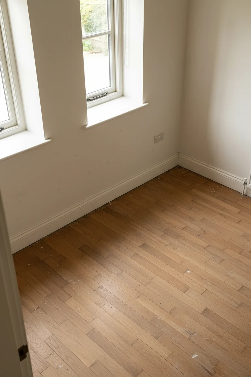 English Country Bedroom featuring indigo kantha quilt with ochre ikat cushions and green ceramic lamp empty room
