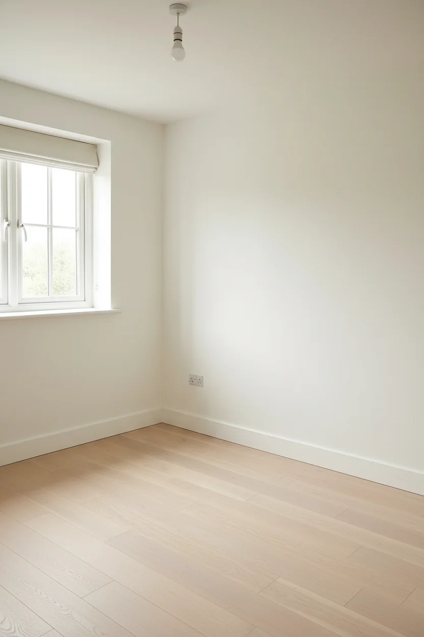 English Country Bedroom featuring cabbage rose floral duvet with pale blue ticking and pink gingham cushions empty room