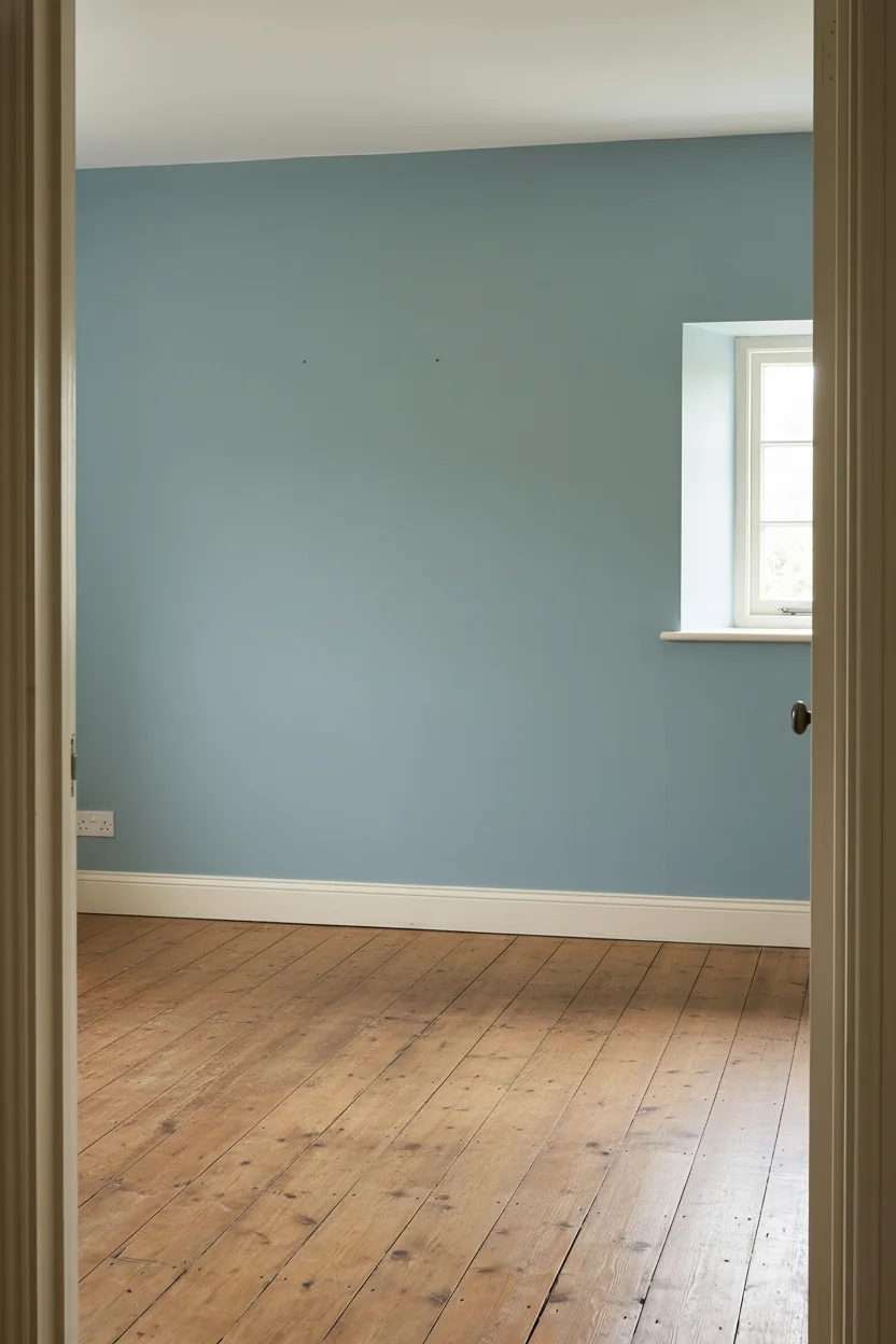 English Country Bedroom featuring carved mahogany bed with ivory linen bedding and brass wall sconce empty room