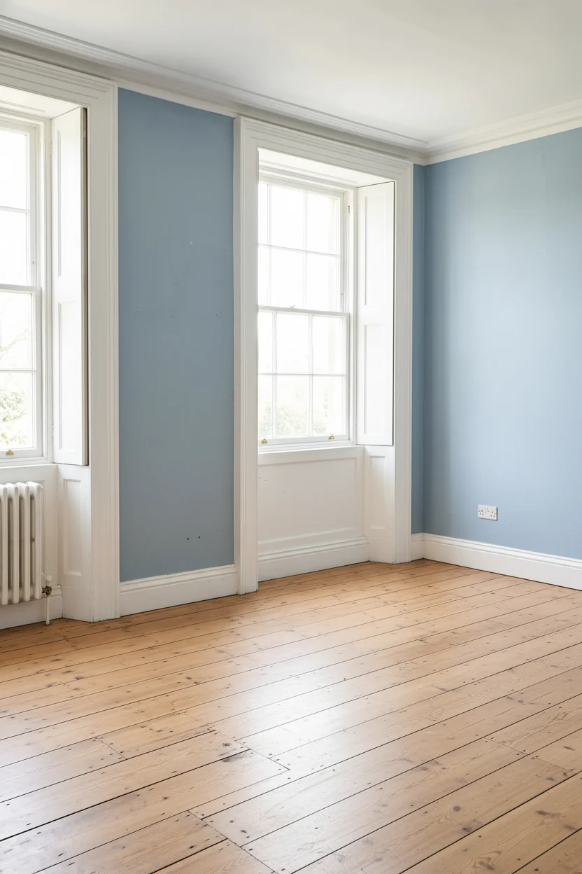 English Country Bedroom featuring caned headboard bed with denim blue linen bedding and leaning mirror empty room