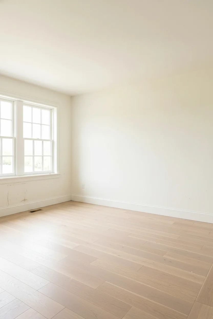 English Country Bedroom featuring ivory upholstered bed with sage green nightstands and black pendant empty room