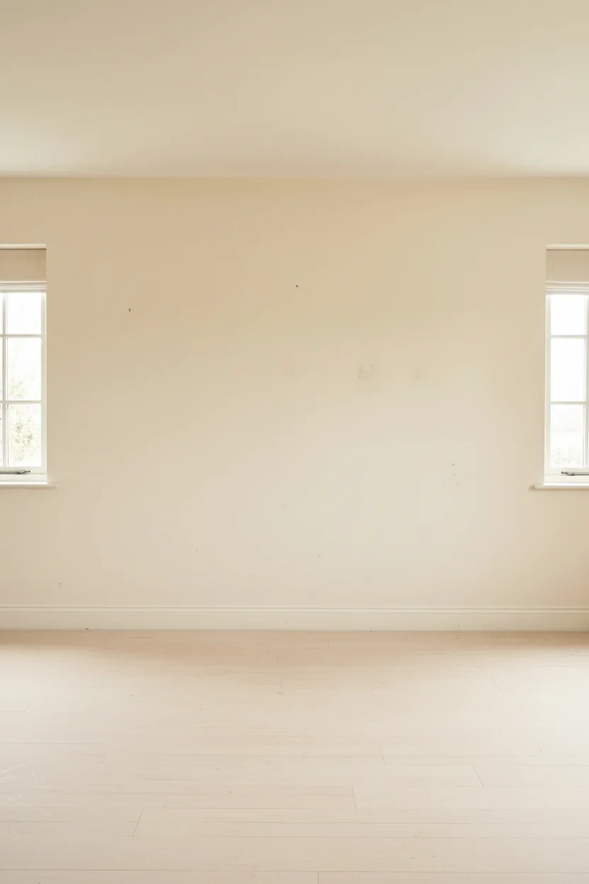 English Country Bedroom featuring black iron bed with cream linen bedding and gold framed landscape empty room