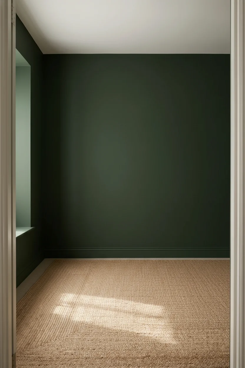 English Country Bedroom featuring oak platform bed with paper lantern pendant and folk pheasant cushion on deep forest green walls empty room