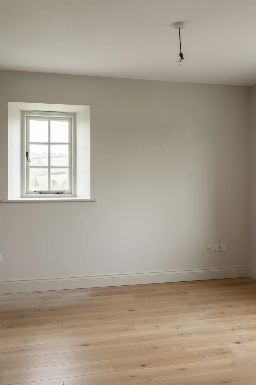English Country Bedroom featuring black iron headboard with pleated linen pendant and ceramic bedside lamp on warm grey walls empty room
