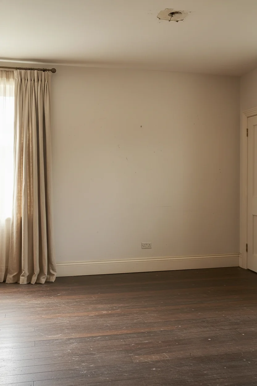 English Country Bedroom featuring walnut four poster bed with crystal chandelier and brass candlestick sconces on deep oxblood walls empty room
