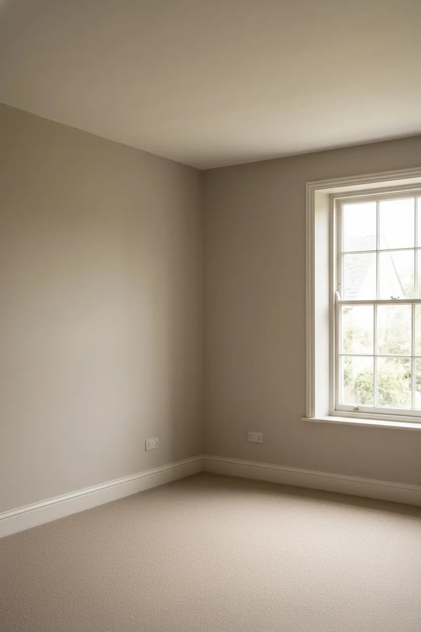 English Country Bedroom featuring oak four poster bed with brass flush mount and pleated linen nightstand lamp empty room