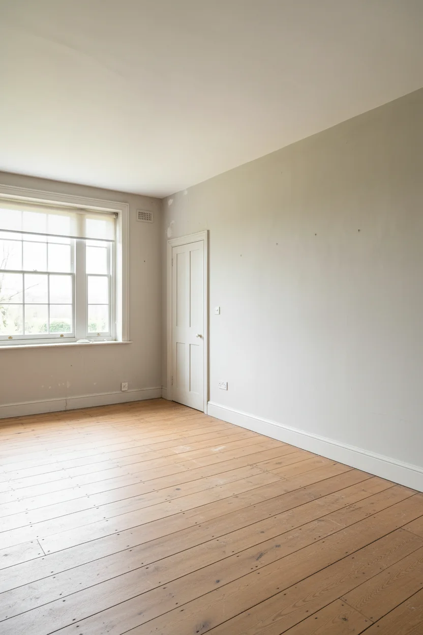 English Country Bedroom featuring carved French oak bed with patchwork quilt and Purbeck Stone walls empty room