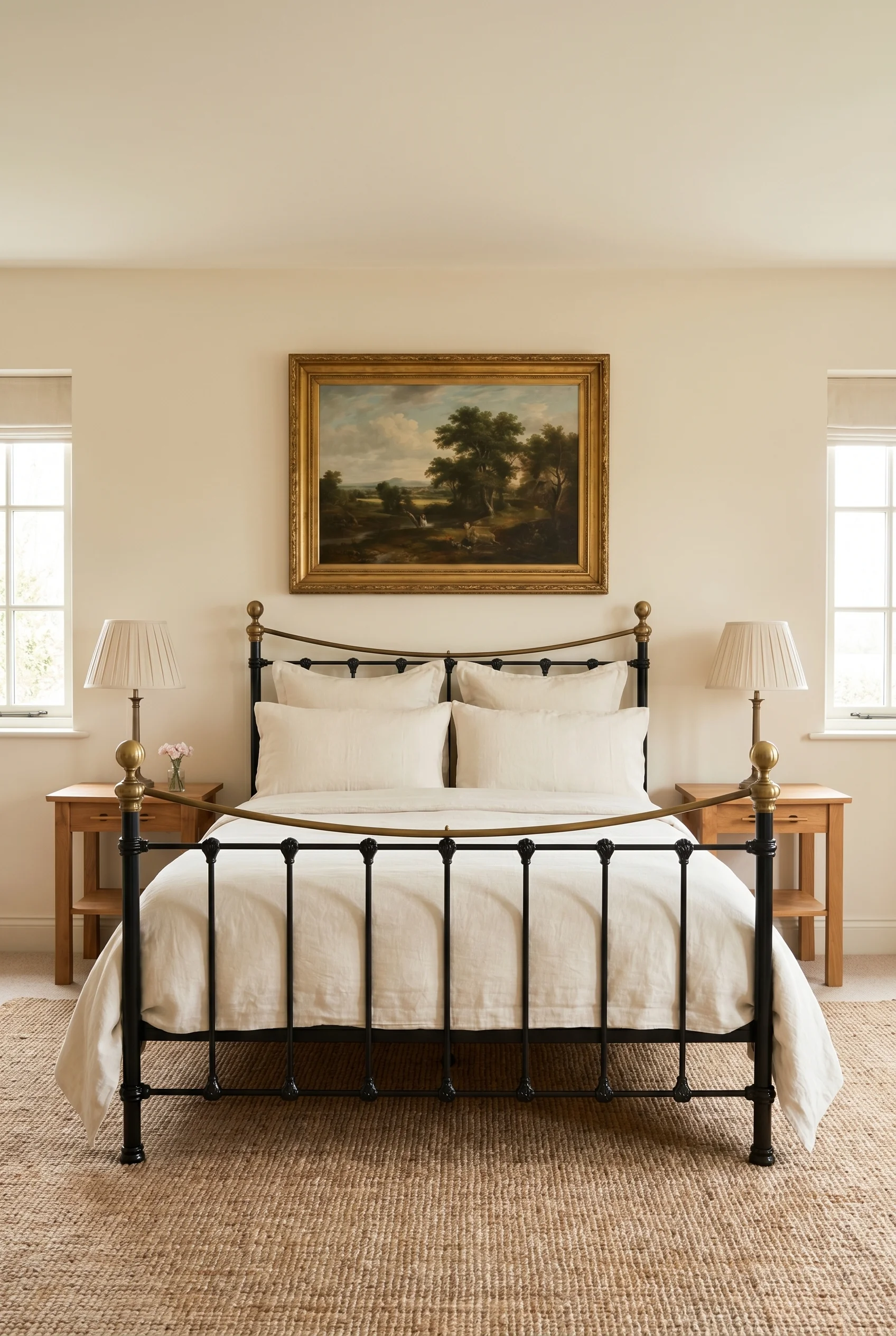 English Country Bedroom featuring black iron bed with cream linen bedding and gold framed landscape