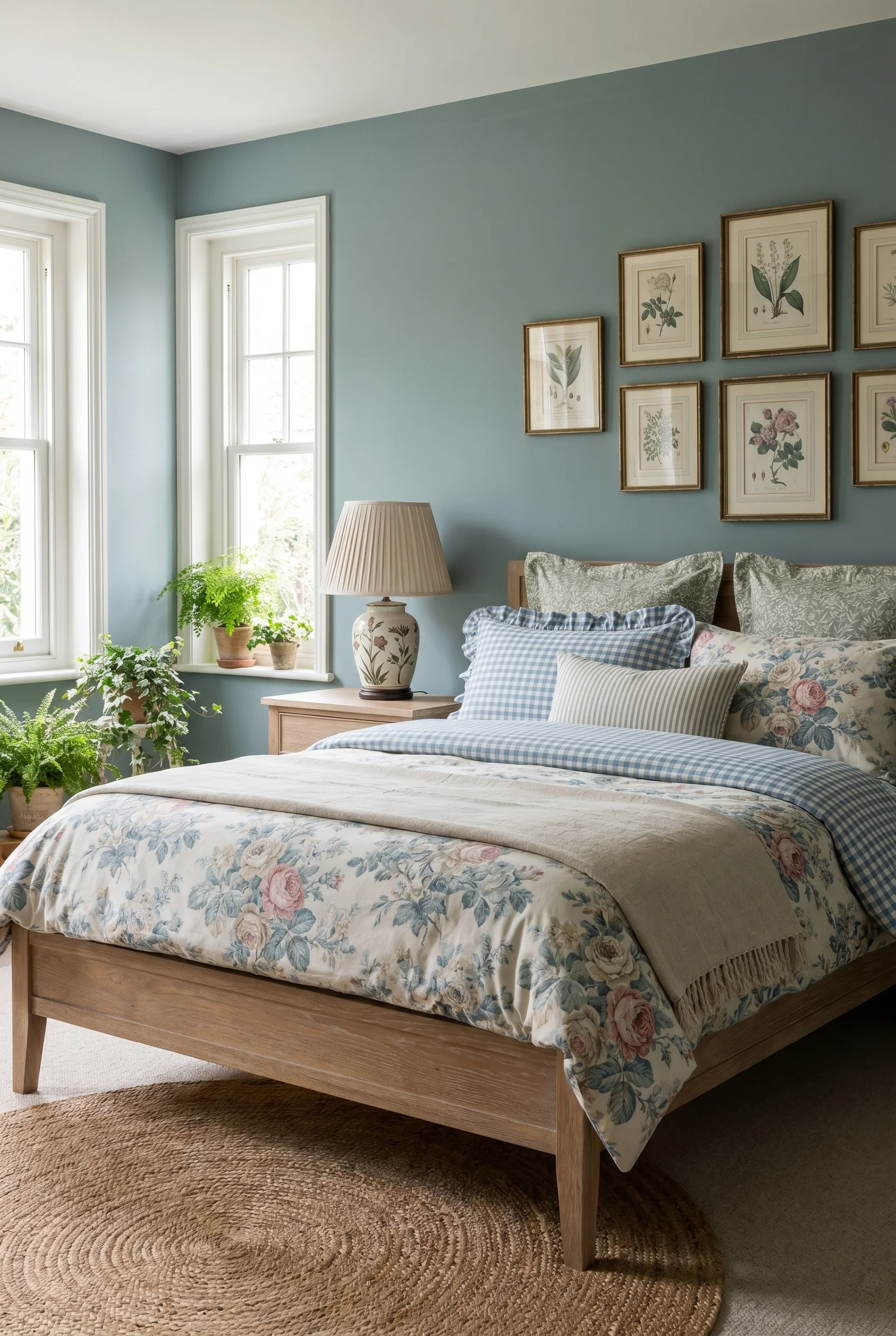 English Country Bedroom featuring blue check duvet with botanical print gallery and pleated ceramic lamp