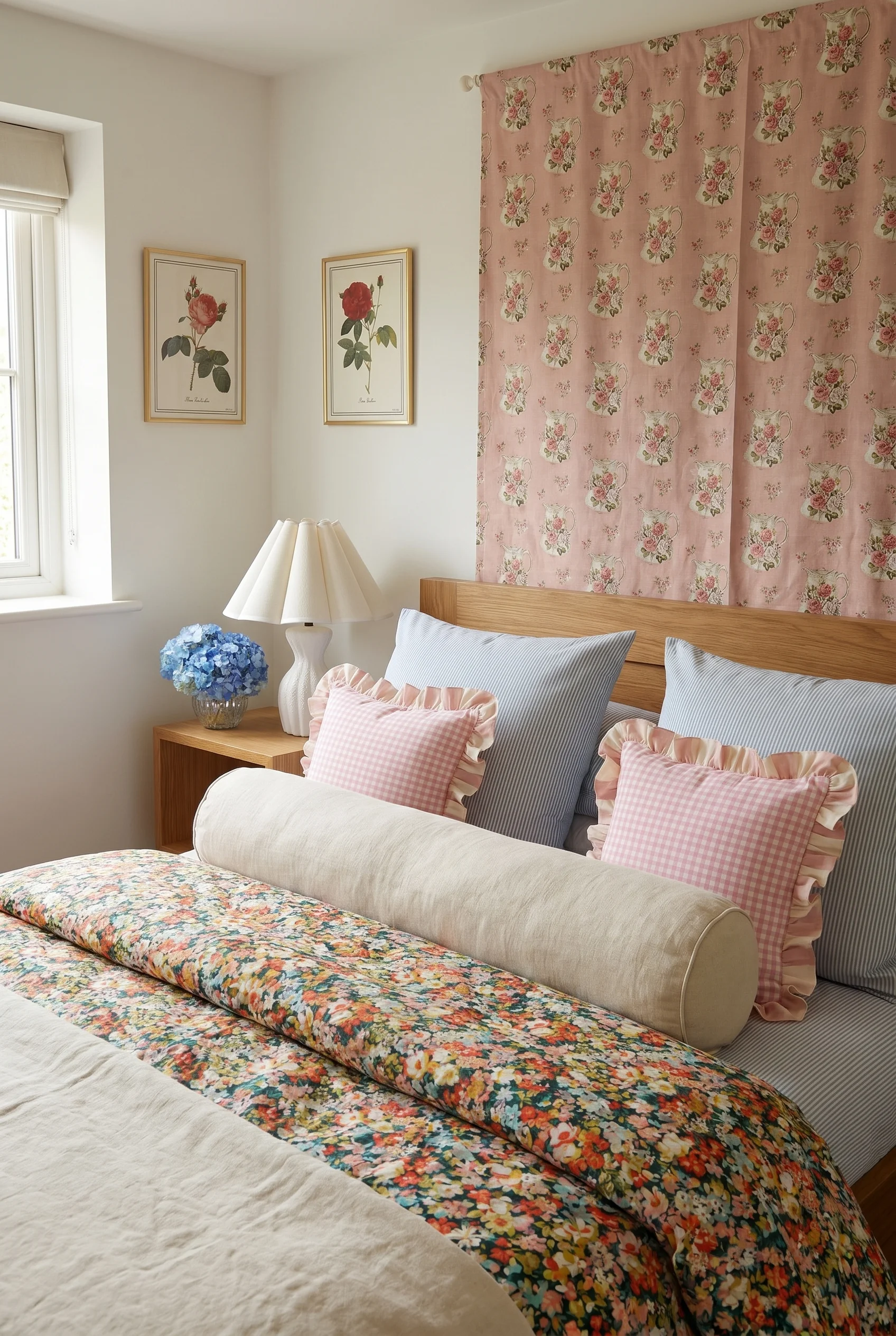English Country Bedroom featuring cabbage rose floral duvet with pale blue ticking and pink gingham cushions