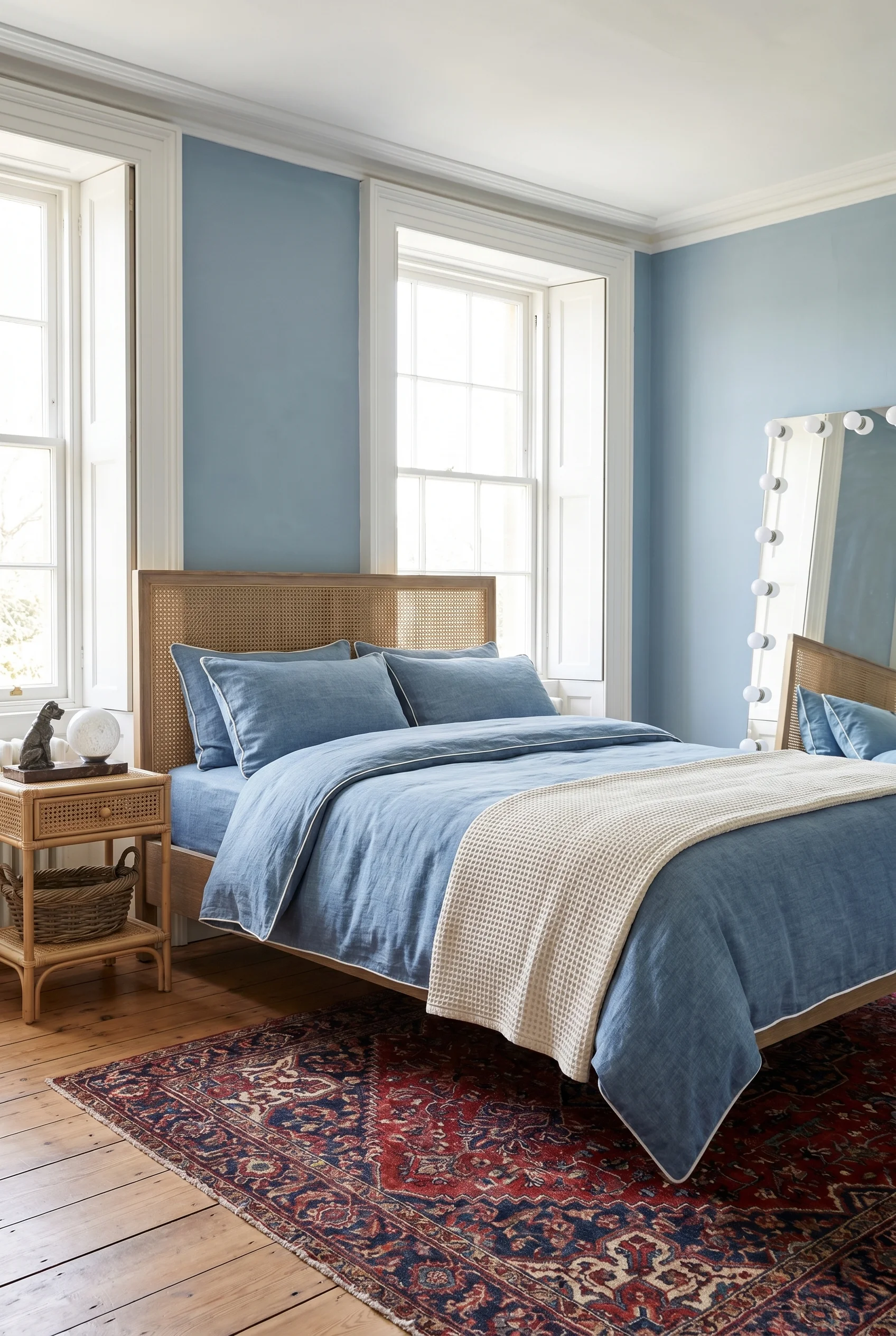 English Country Bedroom featuring caned headboard bed with denim blue linen bedding and leaning mirror