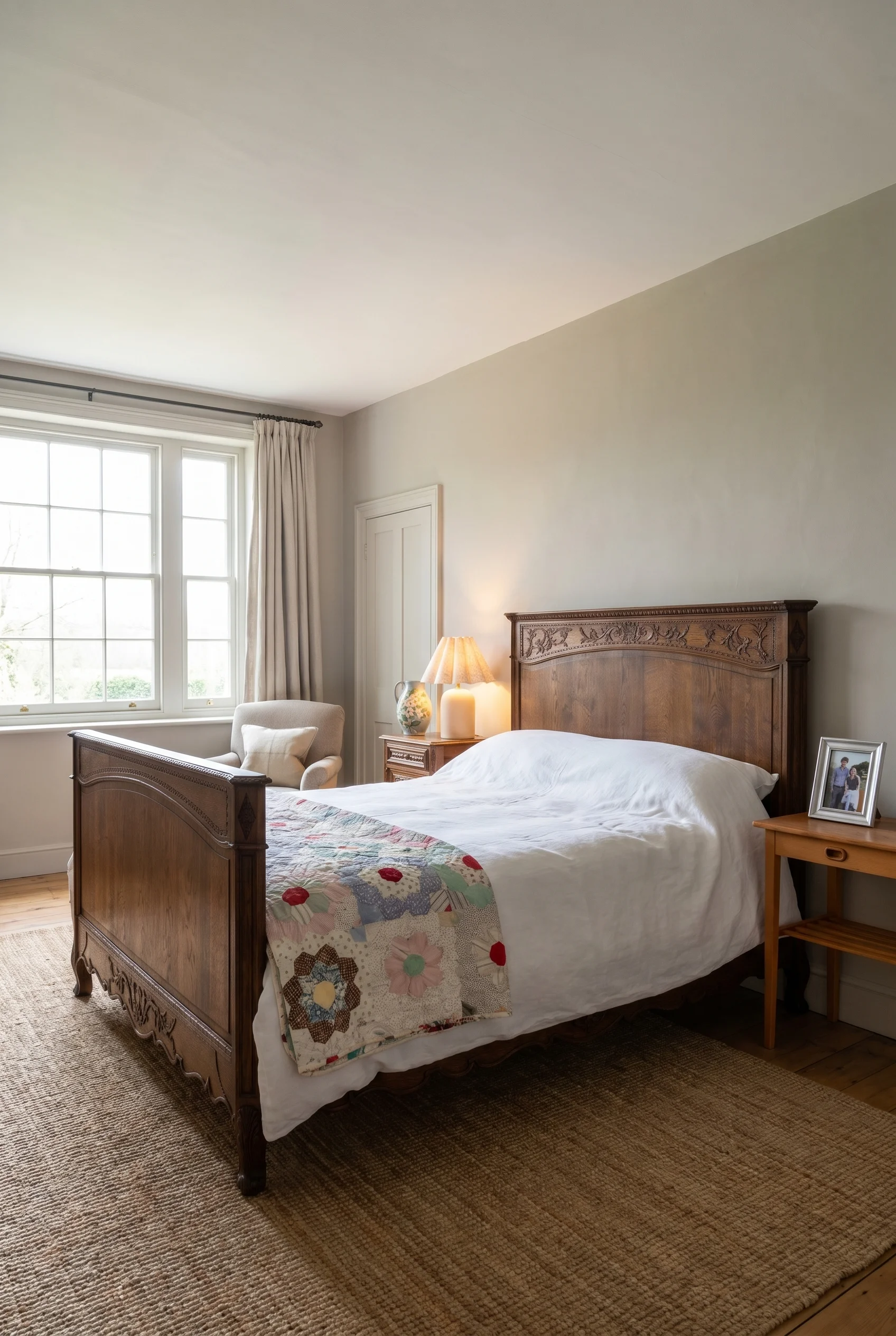 English Country Bedroom featuring carved French oak bed with patchwork quilt and Purbeck Stone walls
