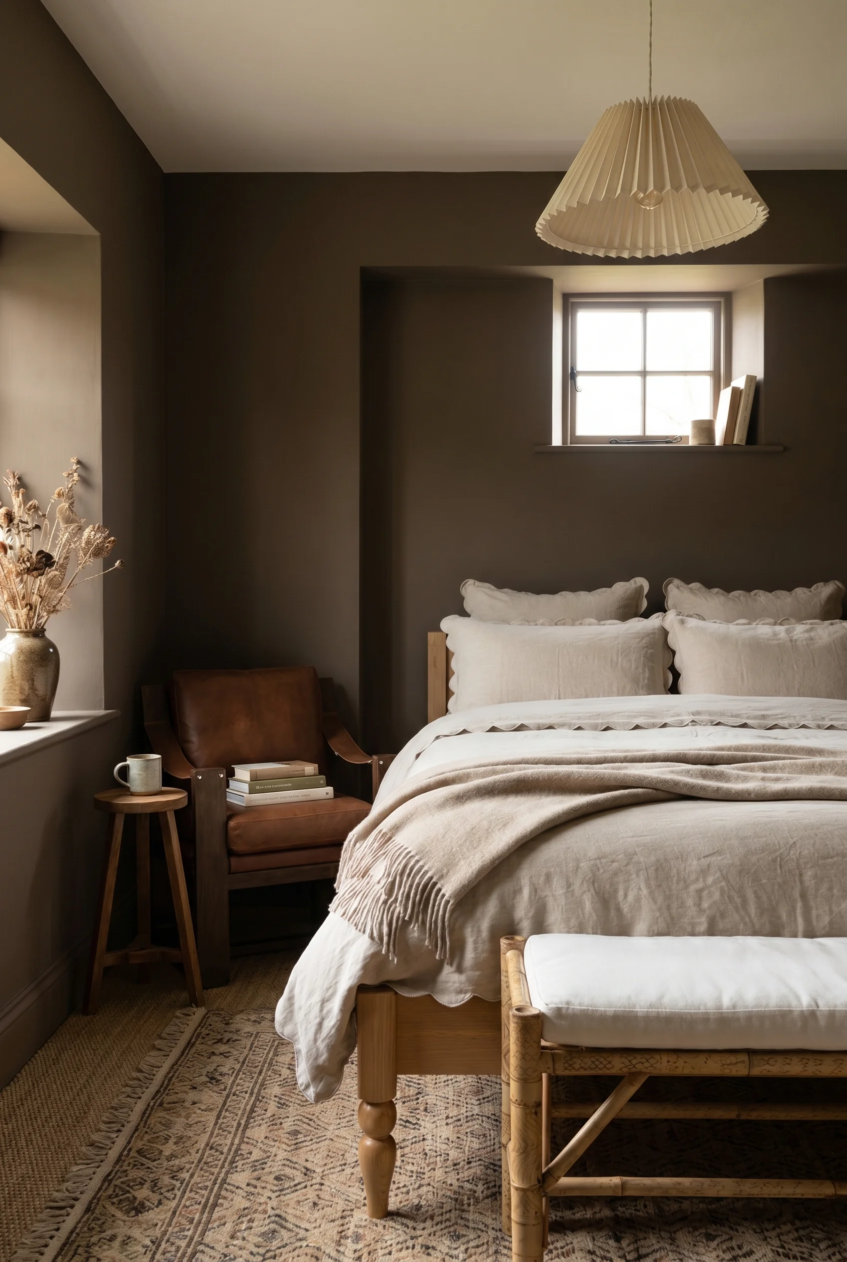 English Country Bedroom featuring turned leg bed with rattan bench and pleated pendant on clay brown walls
