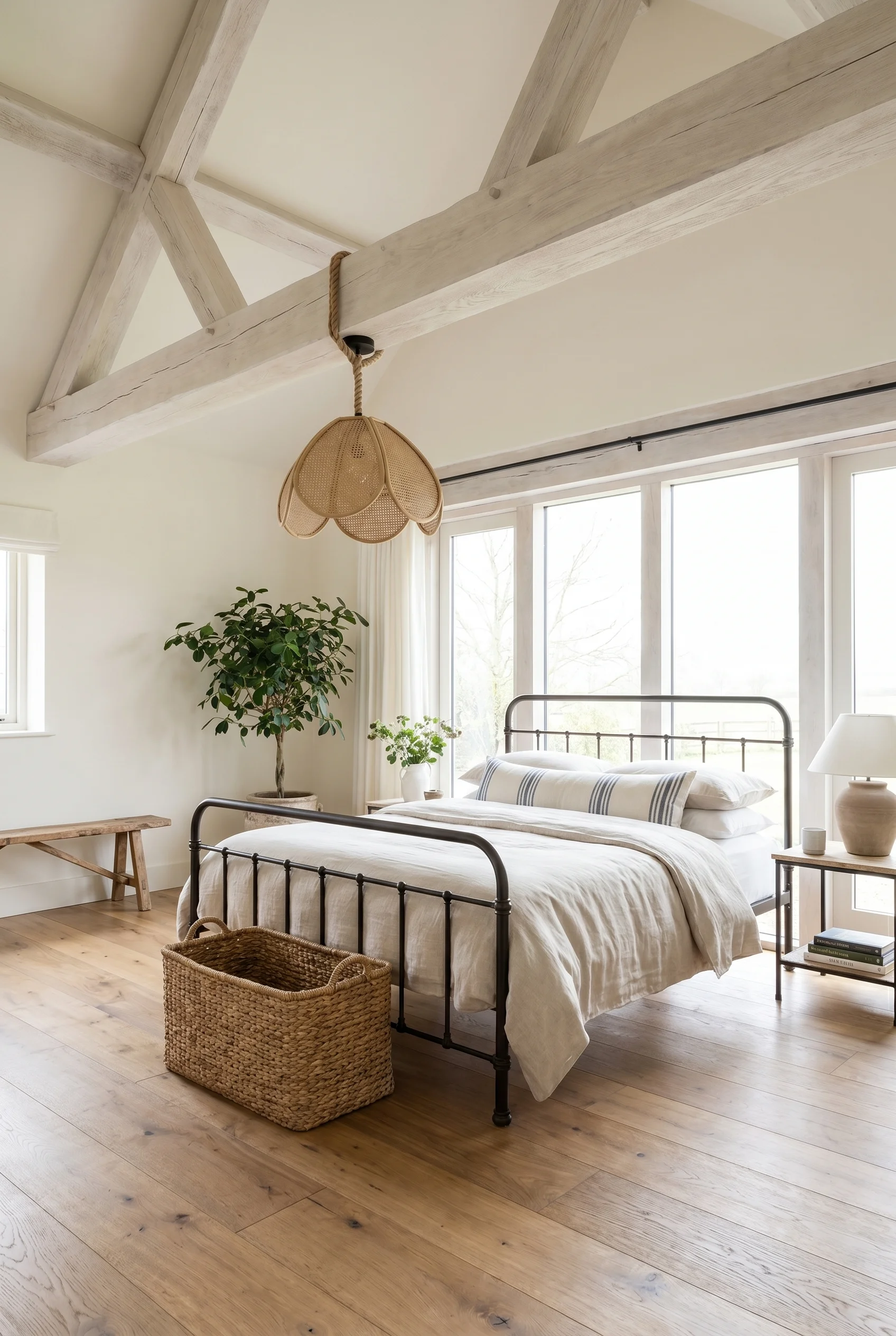 English Country Bedroom featuring whitewashed beams with iron bed and rattan pendant