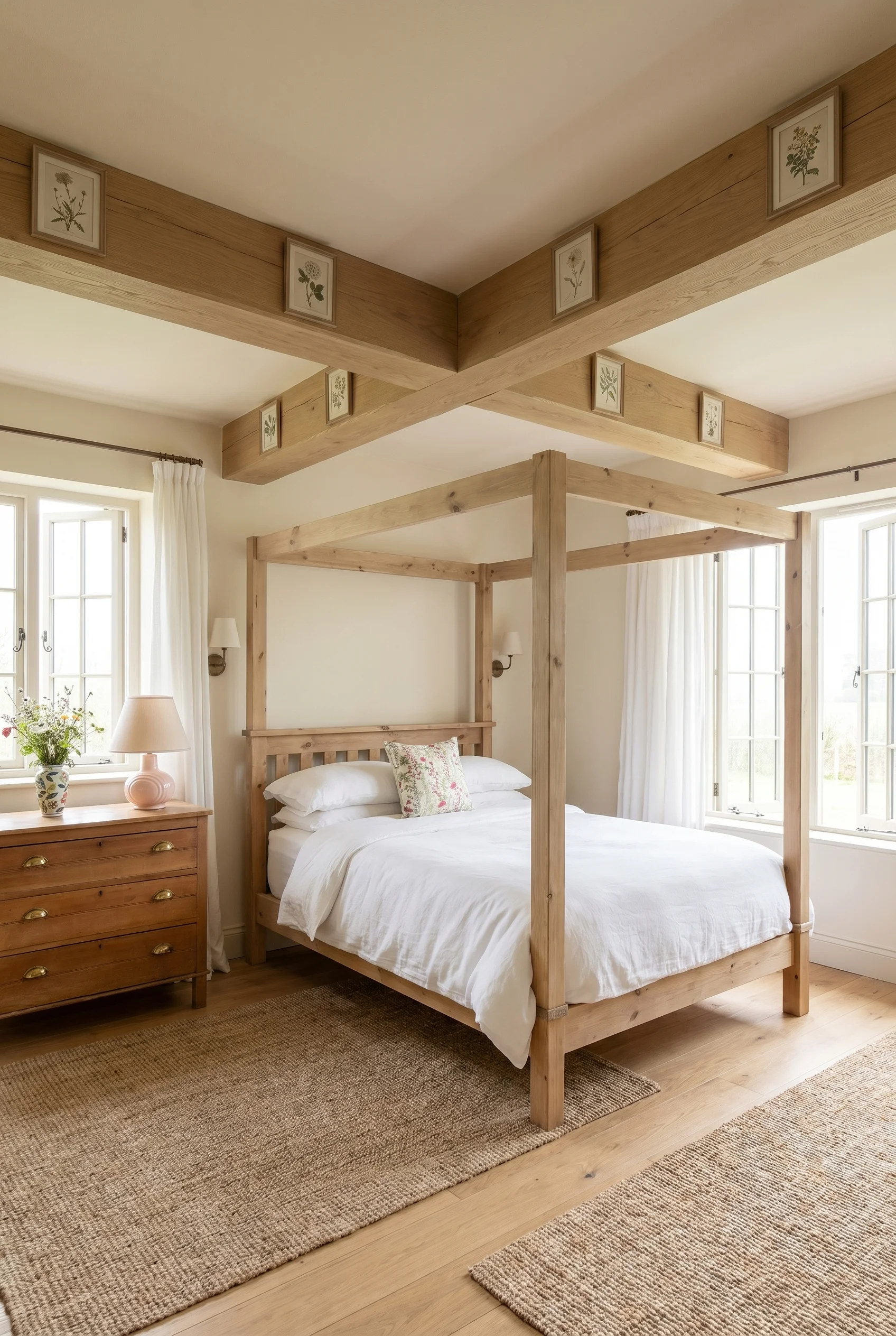 English Country Bedroom featuring cream walls with scrubbed pine four poster bed and jute rug