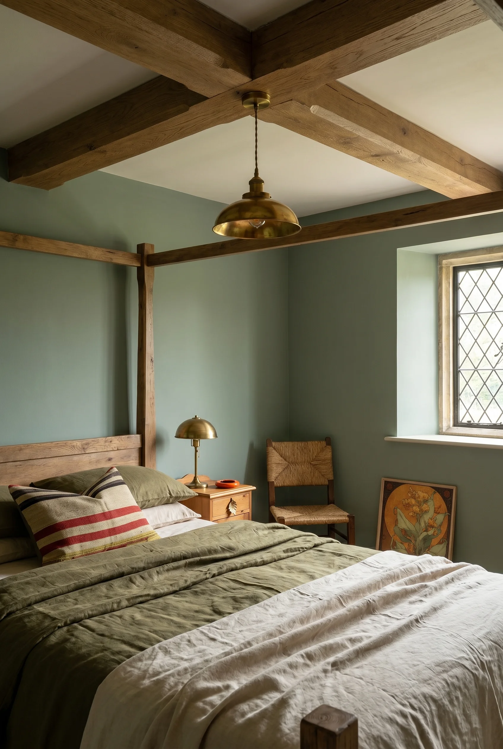 English Country Bedroom featuring heritage green walls with four poster bed and brass pendant
