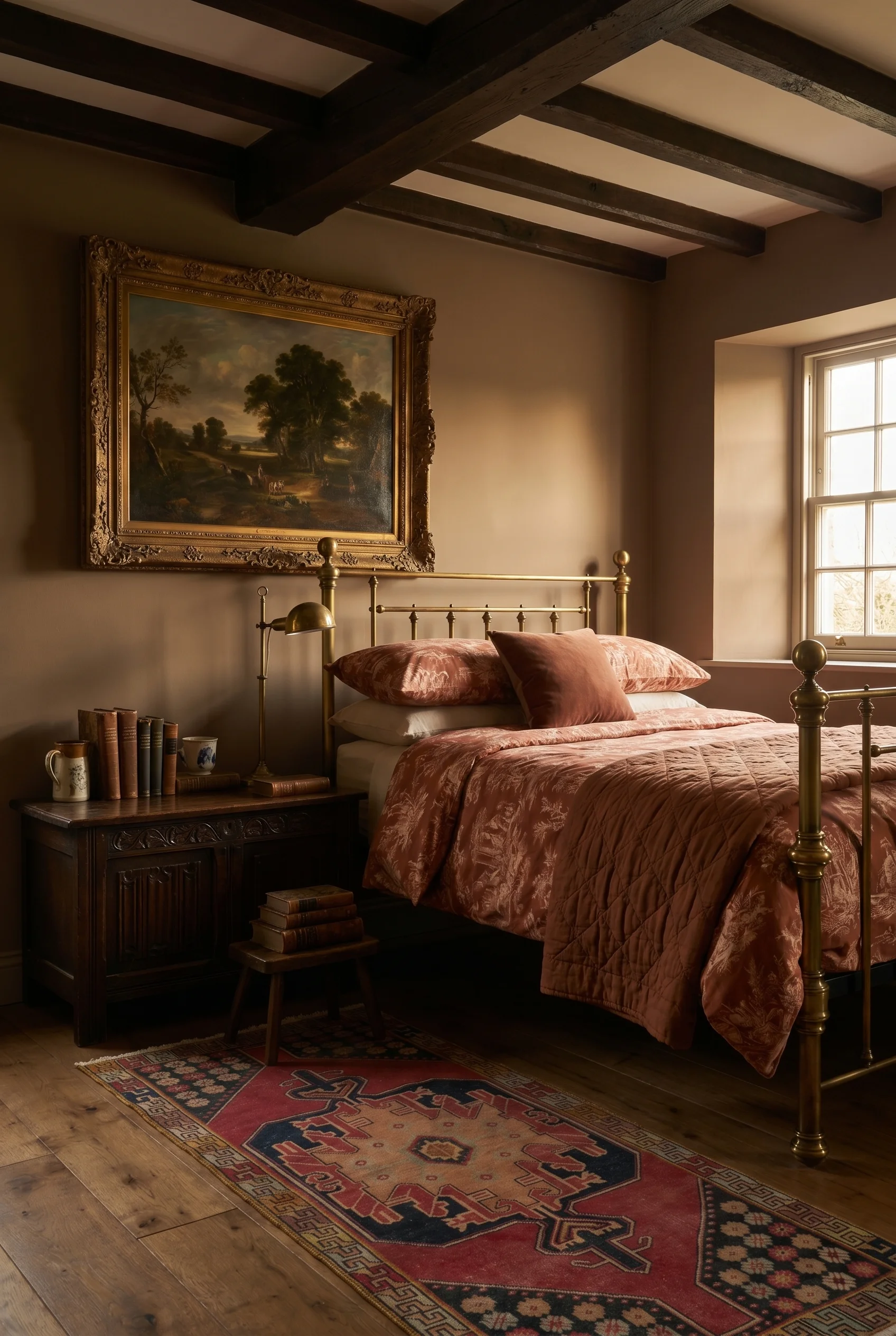 English Country Bedroom featuring mushroom walls with brass Georgian bed and russet toile bedding