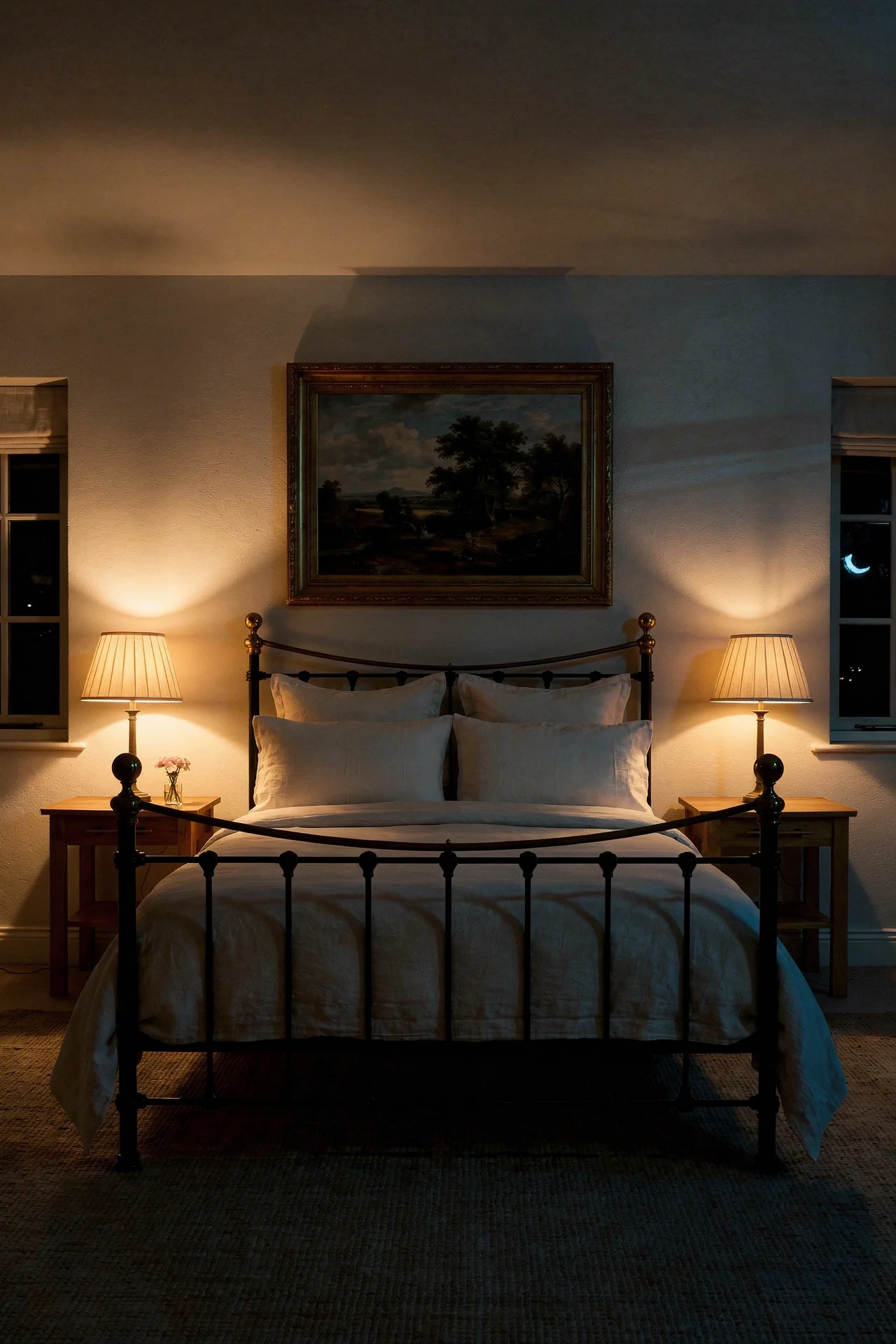 English Country Bedroom featuring black iron bed with cream linen bedding and gold framed landscape evening mood