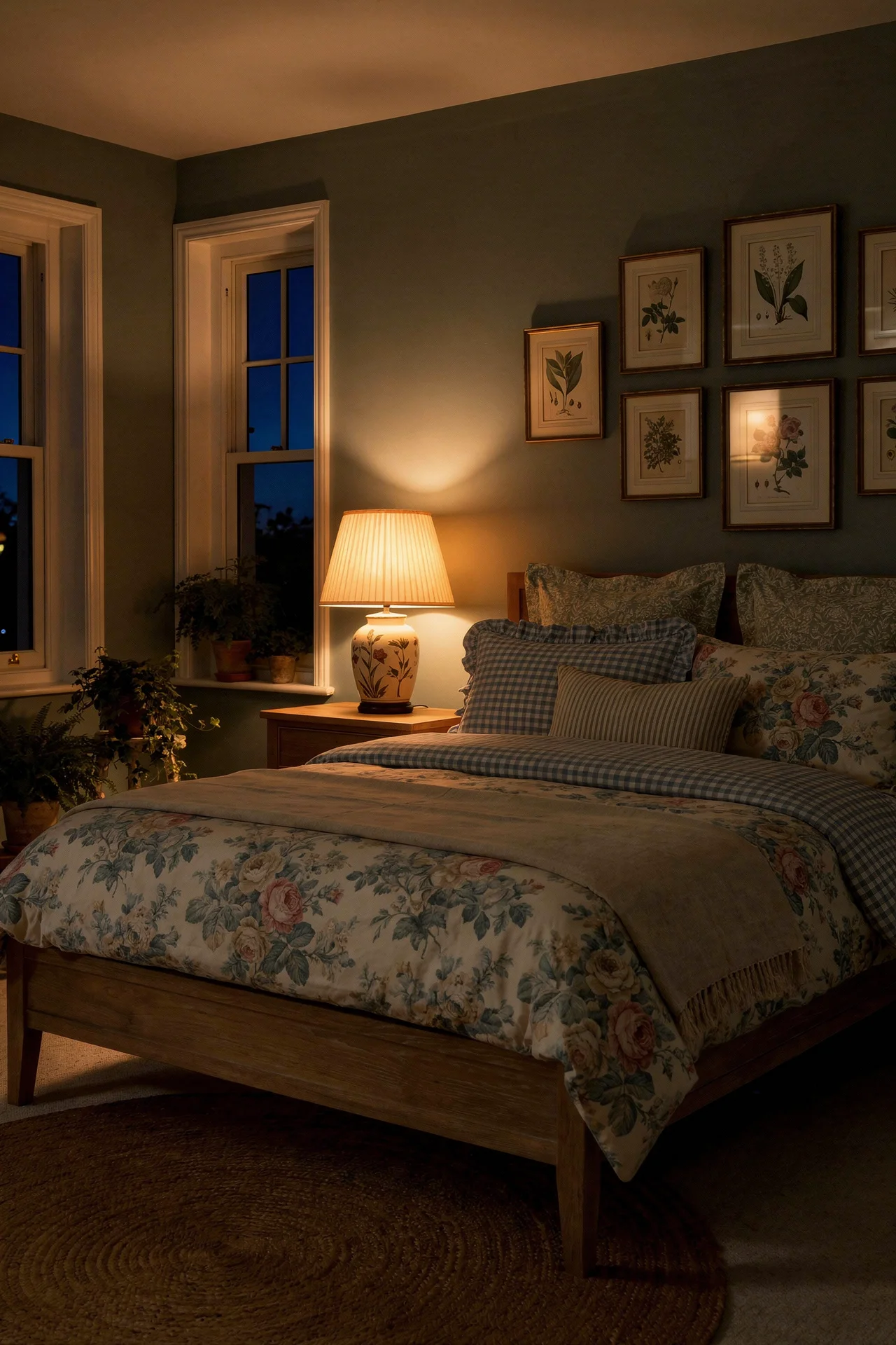 English Country Bedroom featuring blue check duvet with botanical print gallery and pleated ceramic lamp evening mood