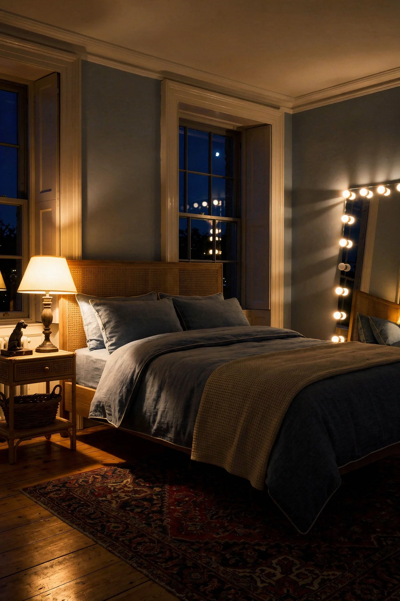 English Country Bedroom featuring caned headboard bed with denim blue linen bedding and leaning mirror evening mood