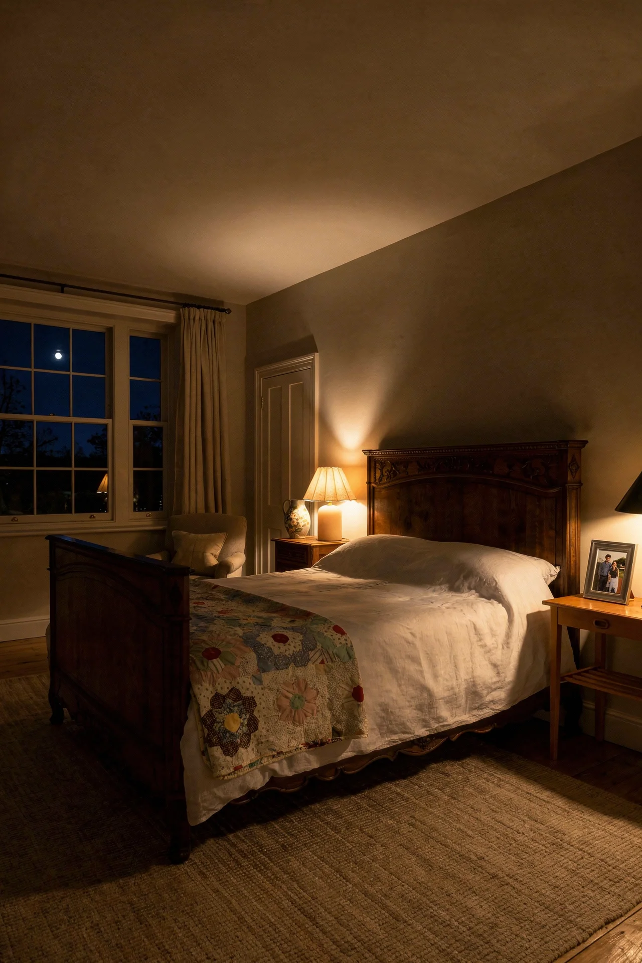 English Country Bedroom featuring carved French oak bed with patchwork quilt and Purbeck Stone walls evening mood