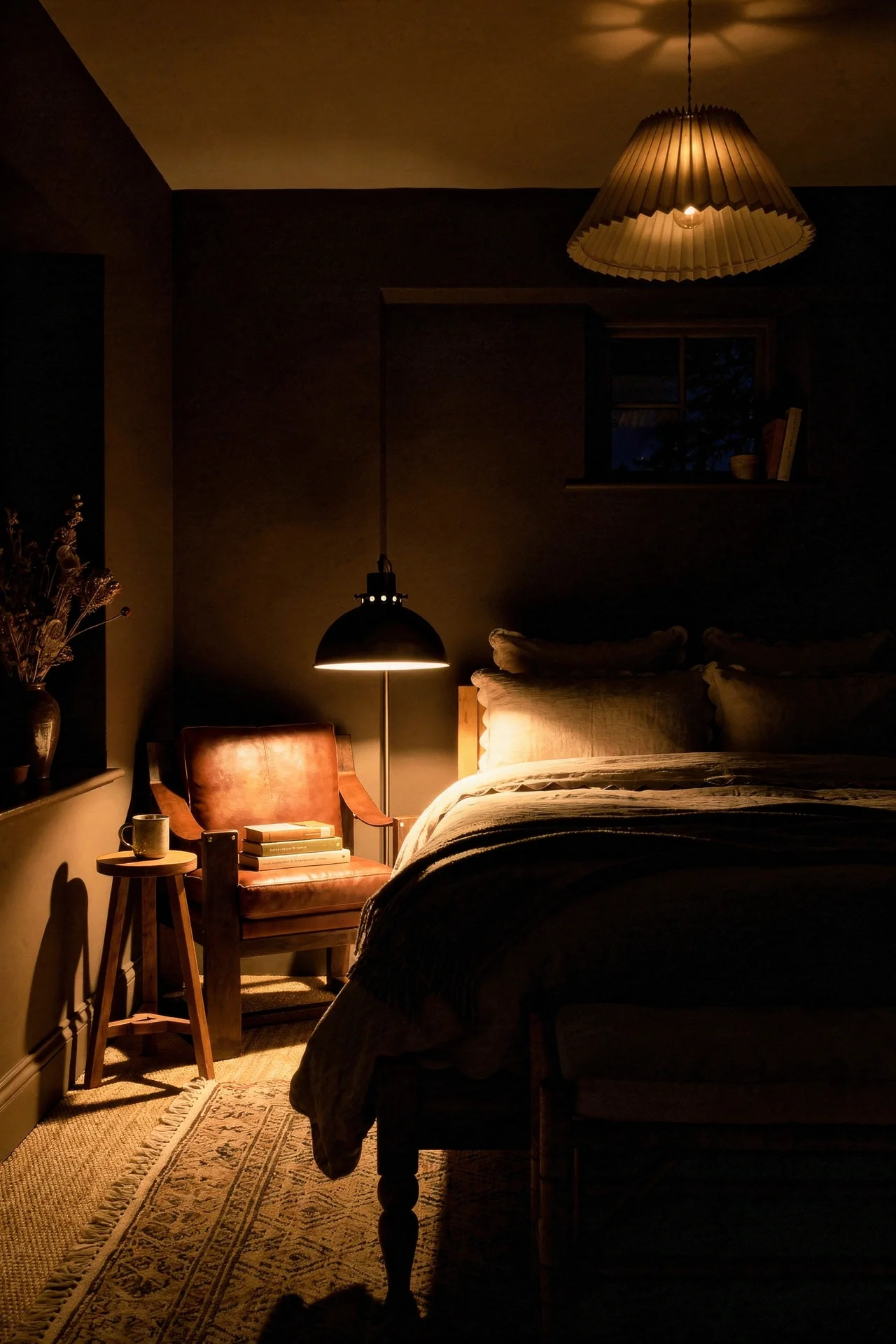English Country Bedroom featuring turned leg bed with rattan bench and pleated pendant on clay brown walls evening mood