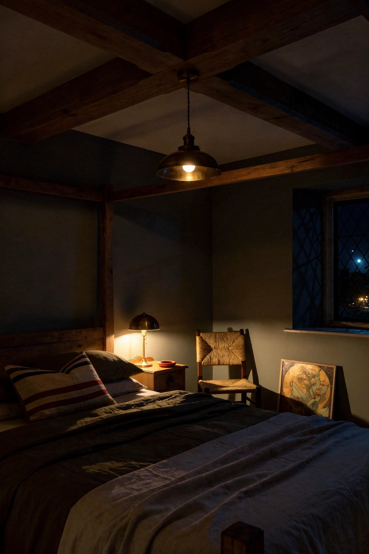 English Country Bedroom featuring heritage green walls with four poster bed and brass pendant evening mood
