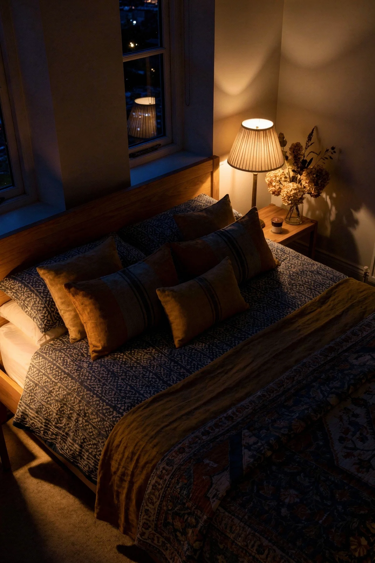 English Country Bedroom featuring indigo kantha quilt with ochre ikat cushions and green ceramic lamp evening mood