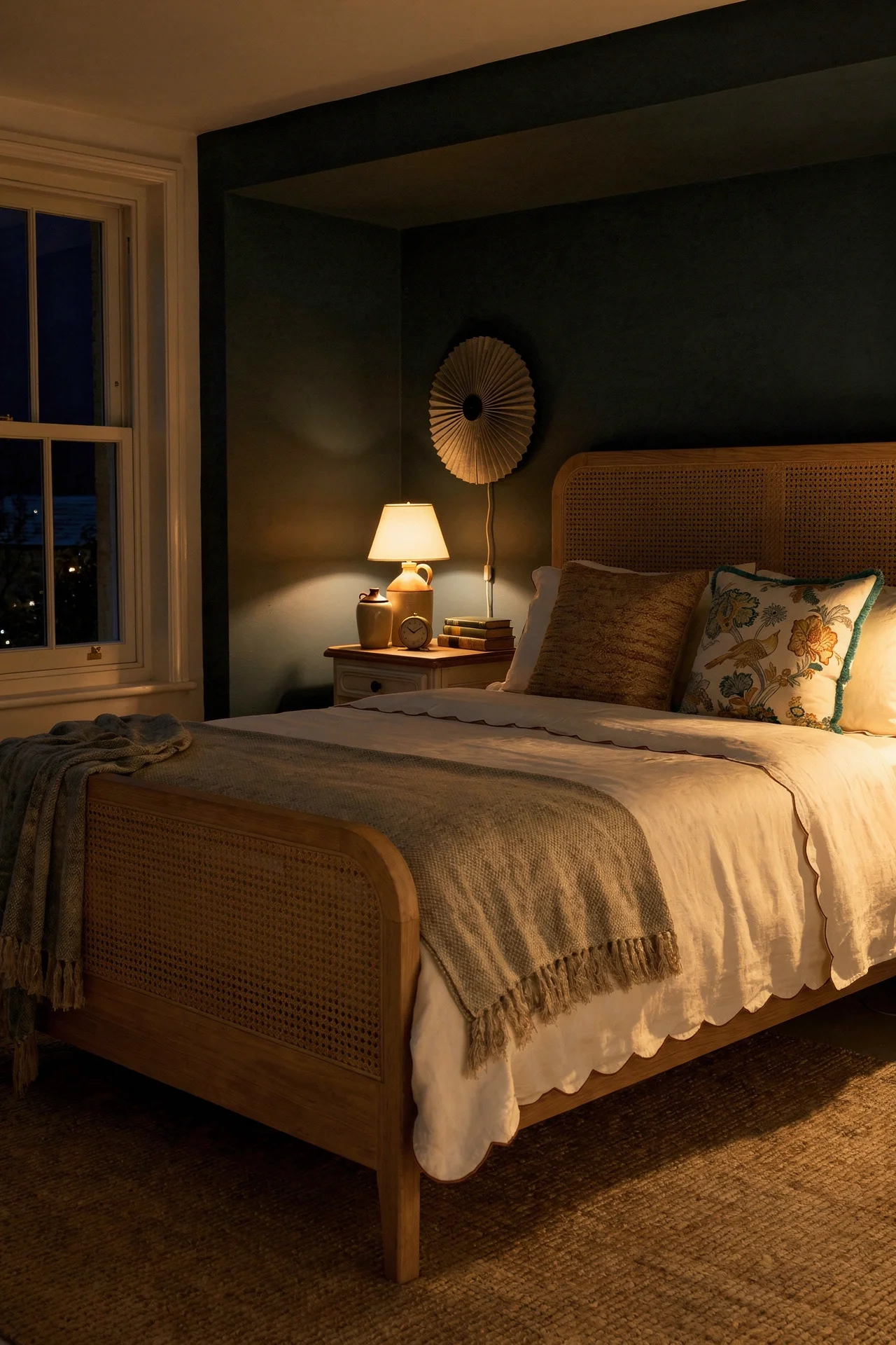 English Country Bedroom featuring caned headboard bed with pleated wall sconce on inky blue walls evening mood