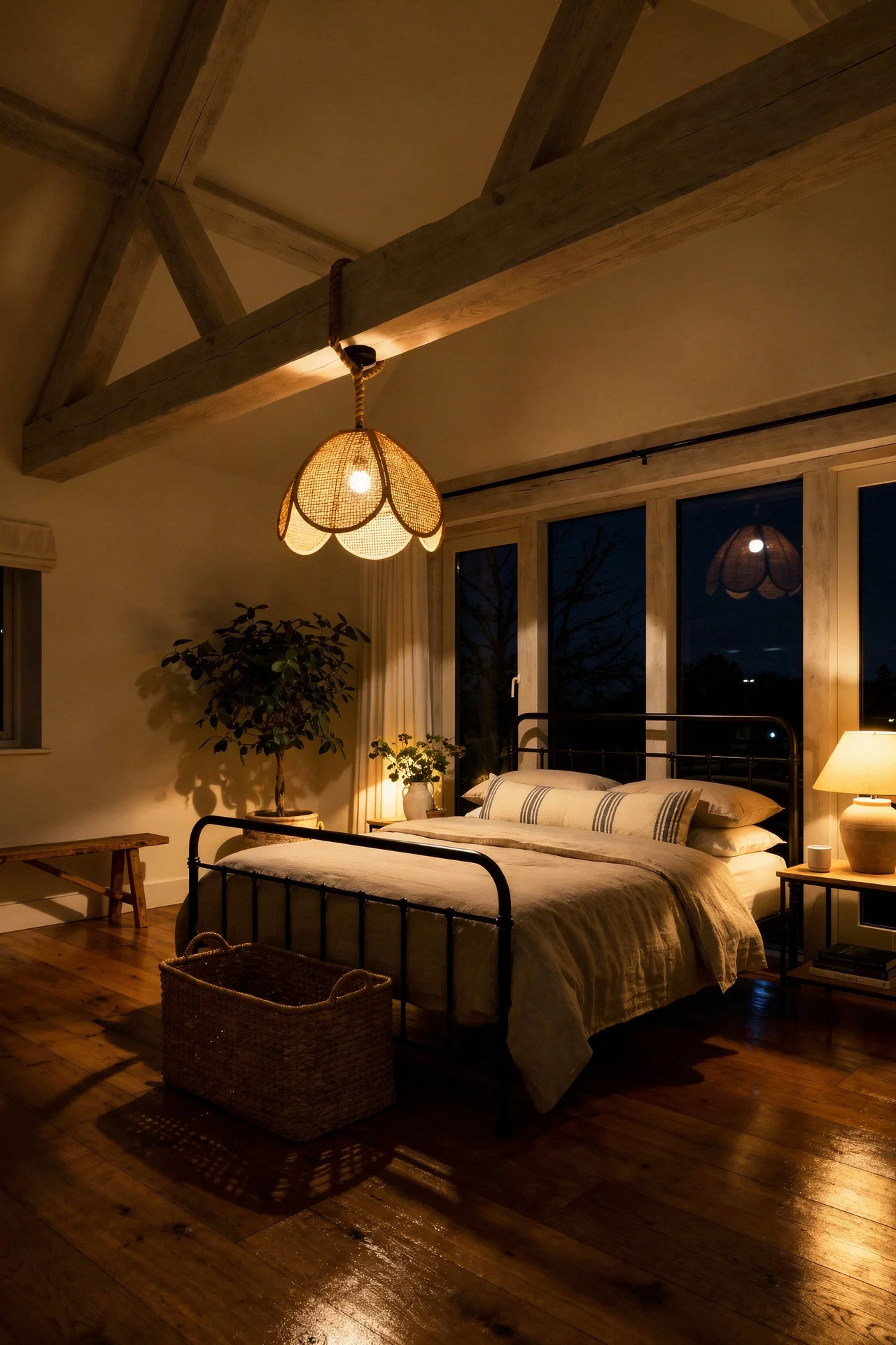 English Country Bedroom featuring whitewashed beams with iron bed and rattan pendant evening mood