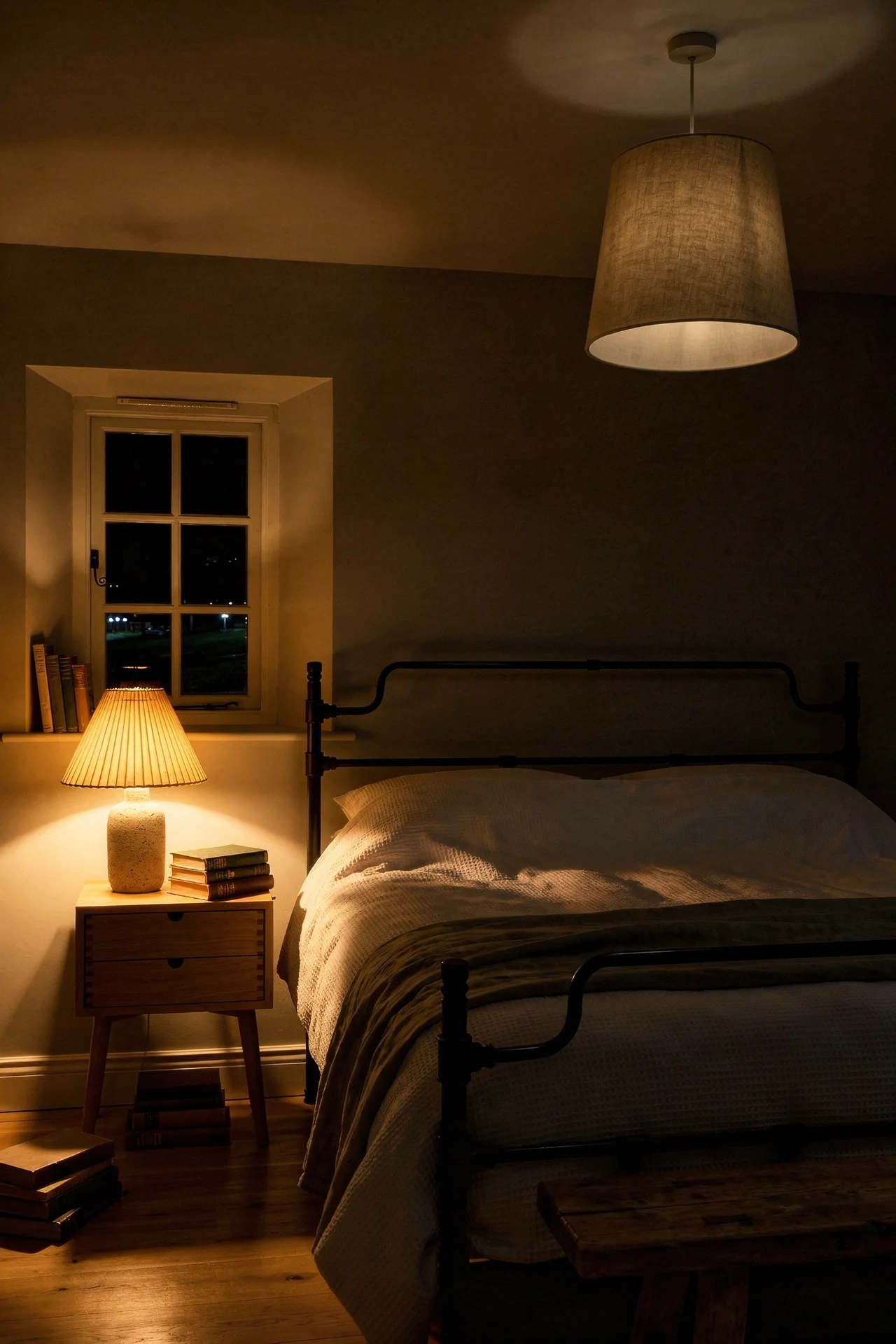 English Country Bedroom featuring black iron headboard with pleated linen pendant and ceramic bedside lamp on warm grey walls evening mood