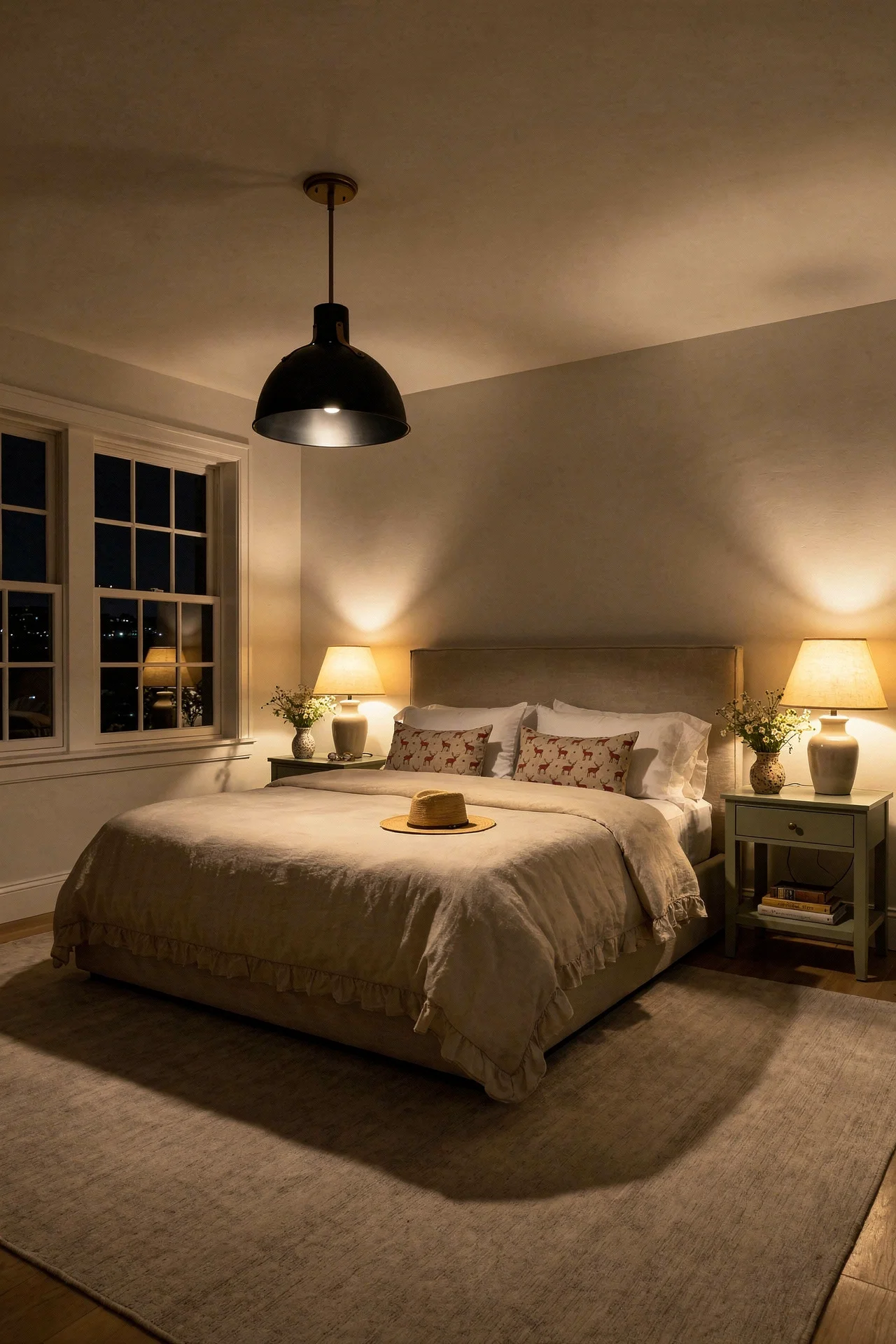 English Country Bedroom featuring ivory upholstered bed with sage green nightstands and black pendant evening mood
