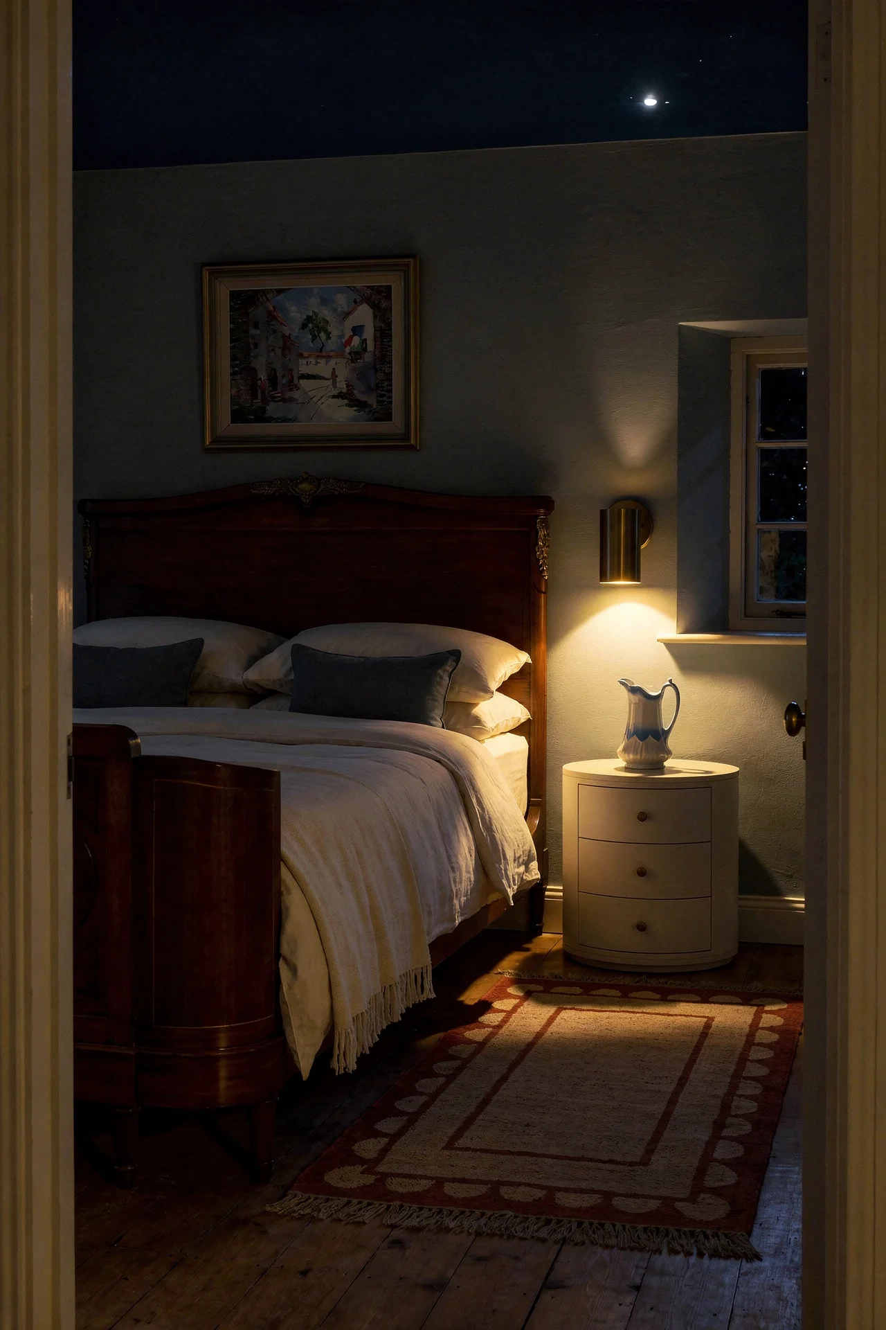 English Country Bedroom featuring carved mahogany bed with ivory linen bedding and brass wall sconce evening mood