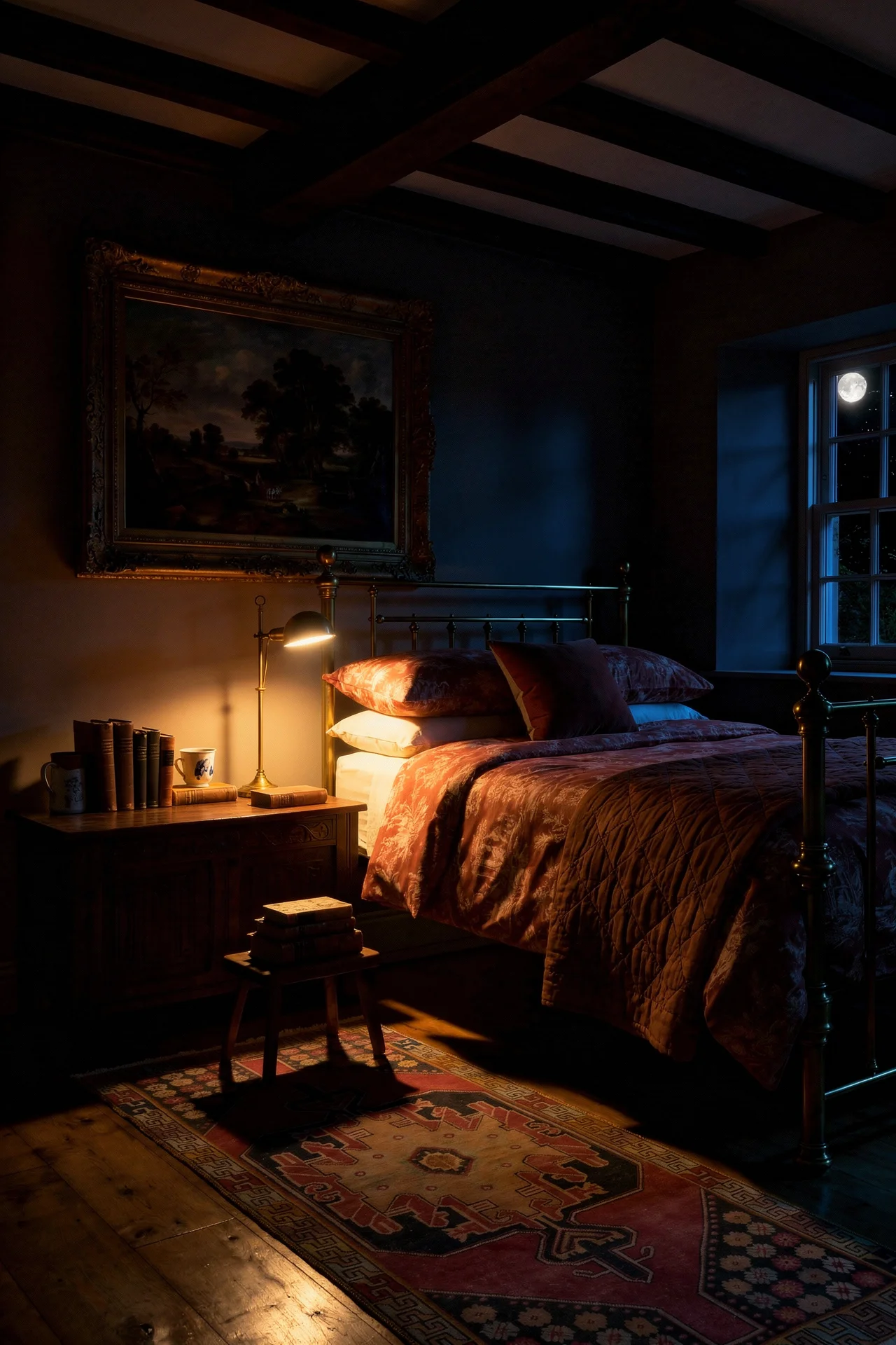 English Country Bedroom featuring mushroom walls with brass Georgian bed and russet toile bedding evening mood