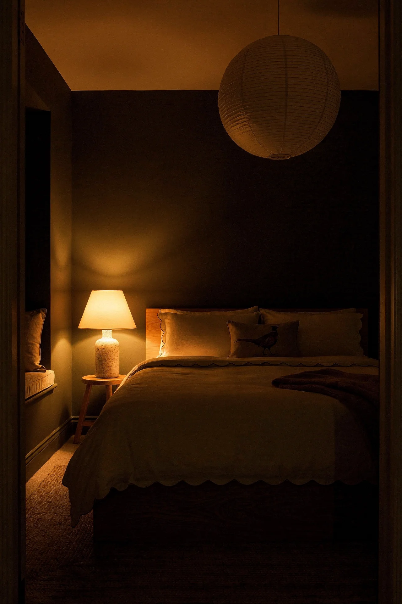 English Country Bedroom featuring oak platform bed with paper lantern pendant and folk pheasant cushion on deep forest green walls evening mood