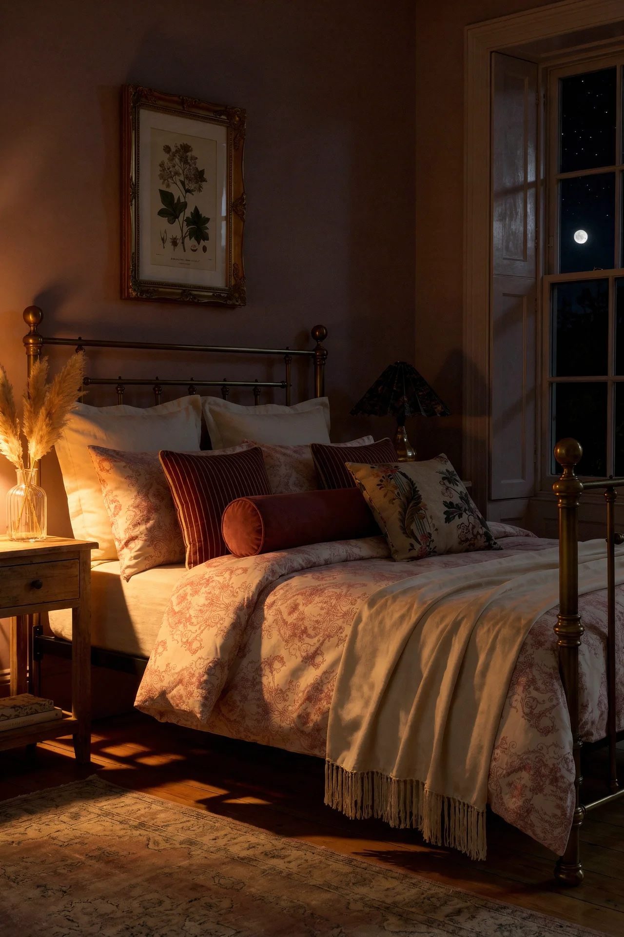 English Country Bedroom featuring pink French toile duvet with burgundy ticking stripes and mauve velvet cushions evening mood