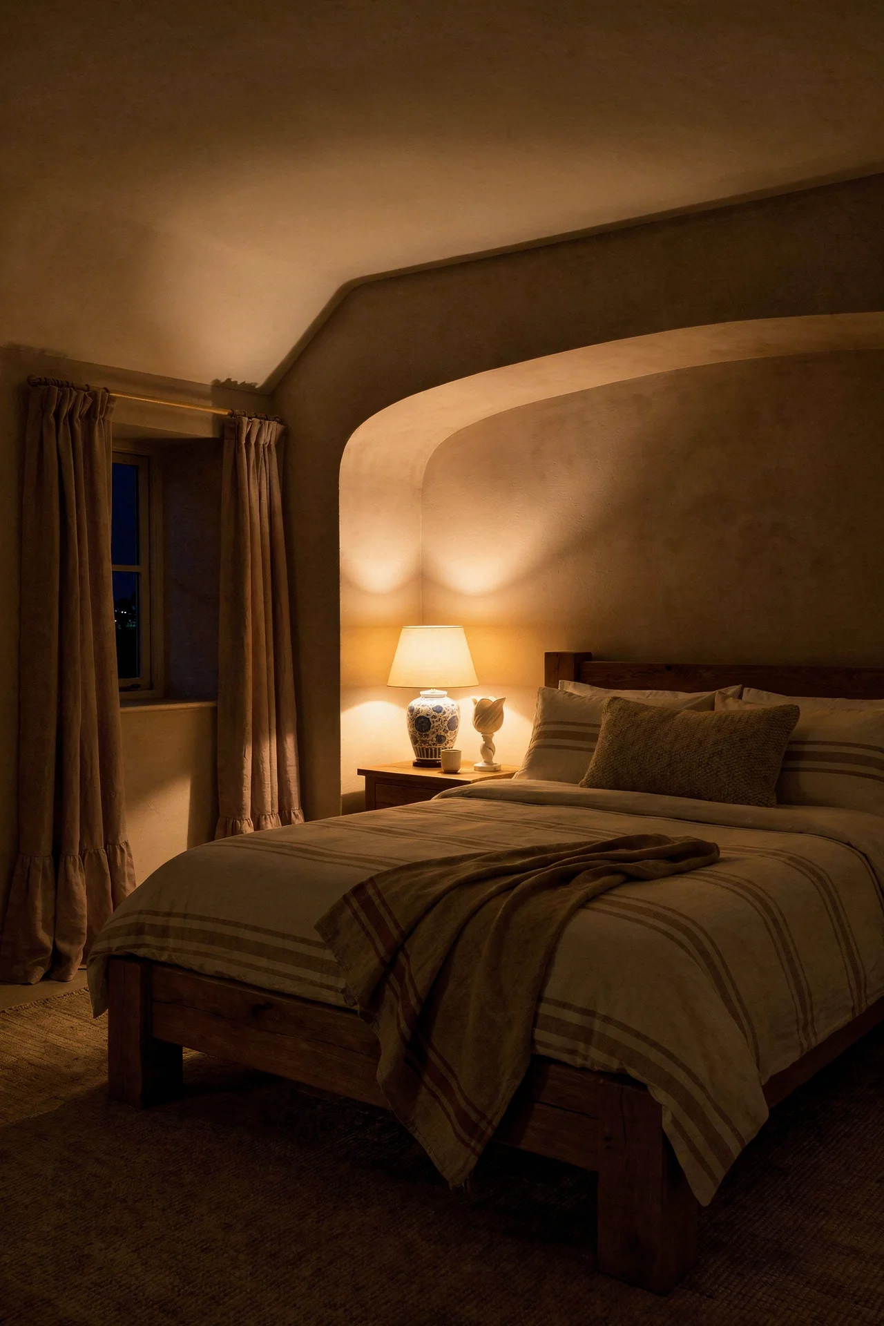 English Country Bedroom featuring handmade oak bed frame with dusty pink linen curtain accents evening mood