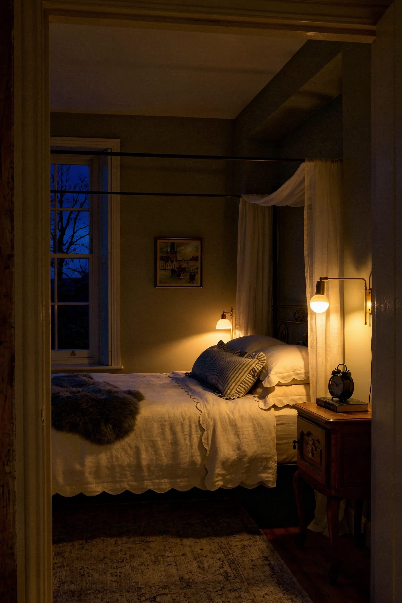 English Country Bedroom featuring iron four poster bed with brass swing arm sconce on sage green walls evening mood