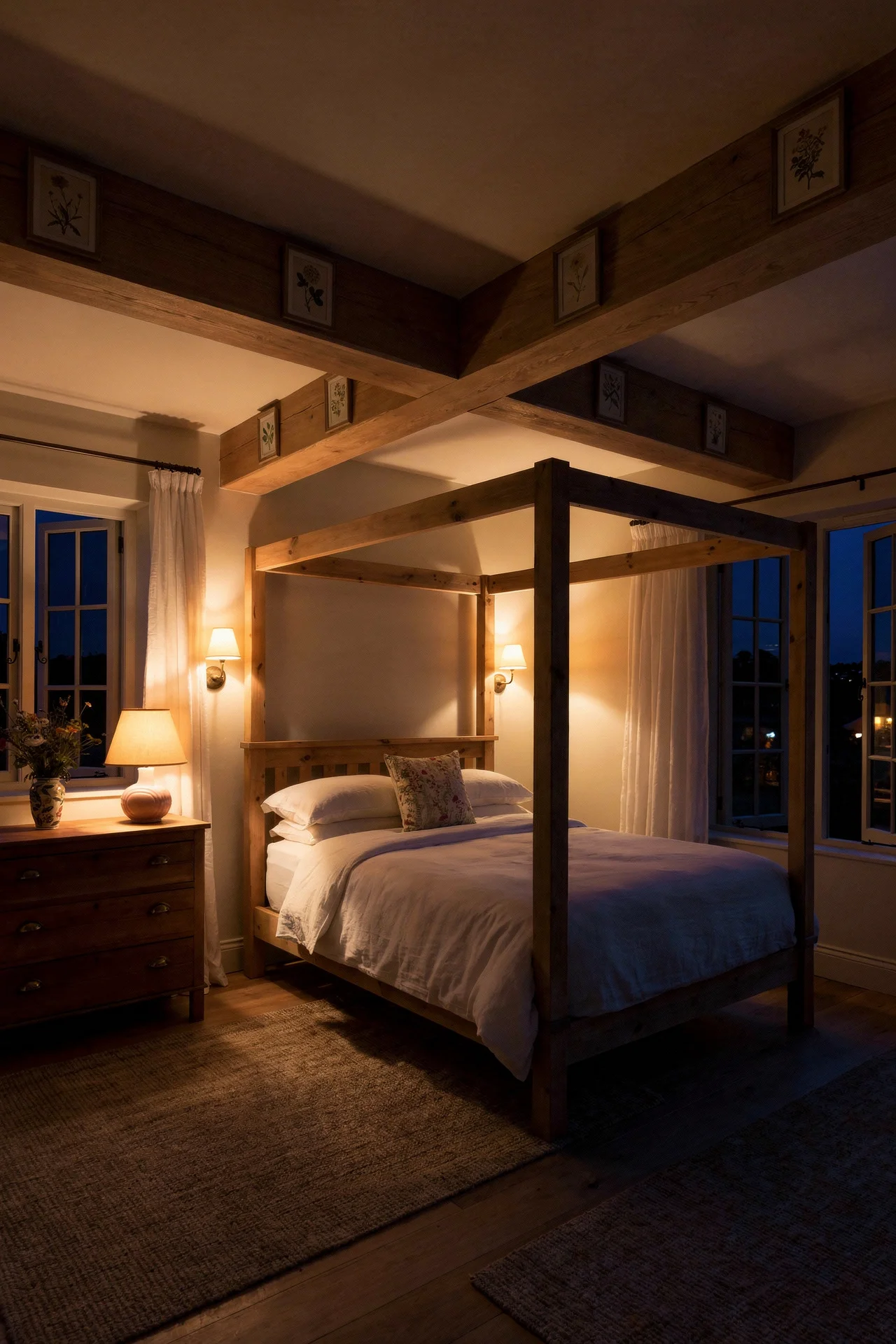 English Country Bedroom featuring cream walls with scrubbed pine four poster bed and jute rug evening mood