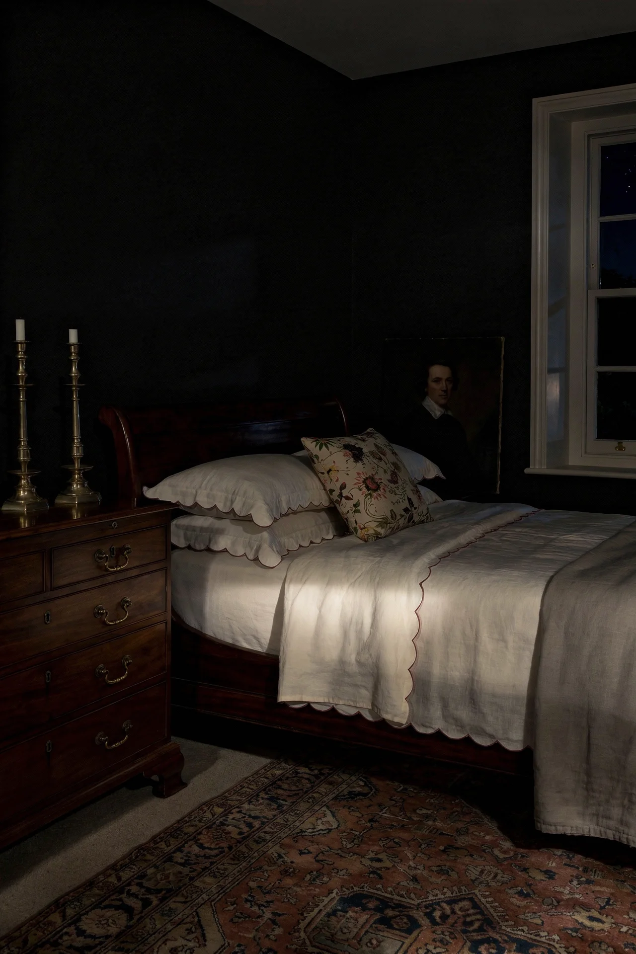 English Country Bedroom featuring Victorian mahogany sleigh bed with Railings heritage walls and antique chest evening mood