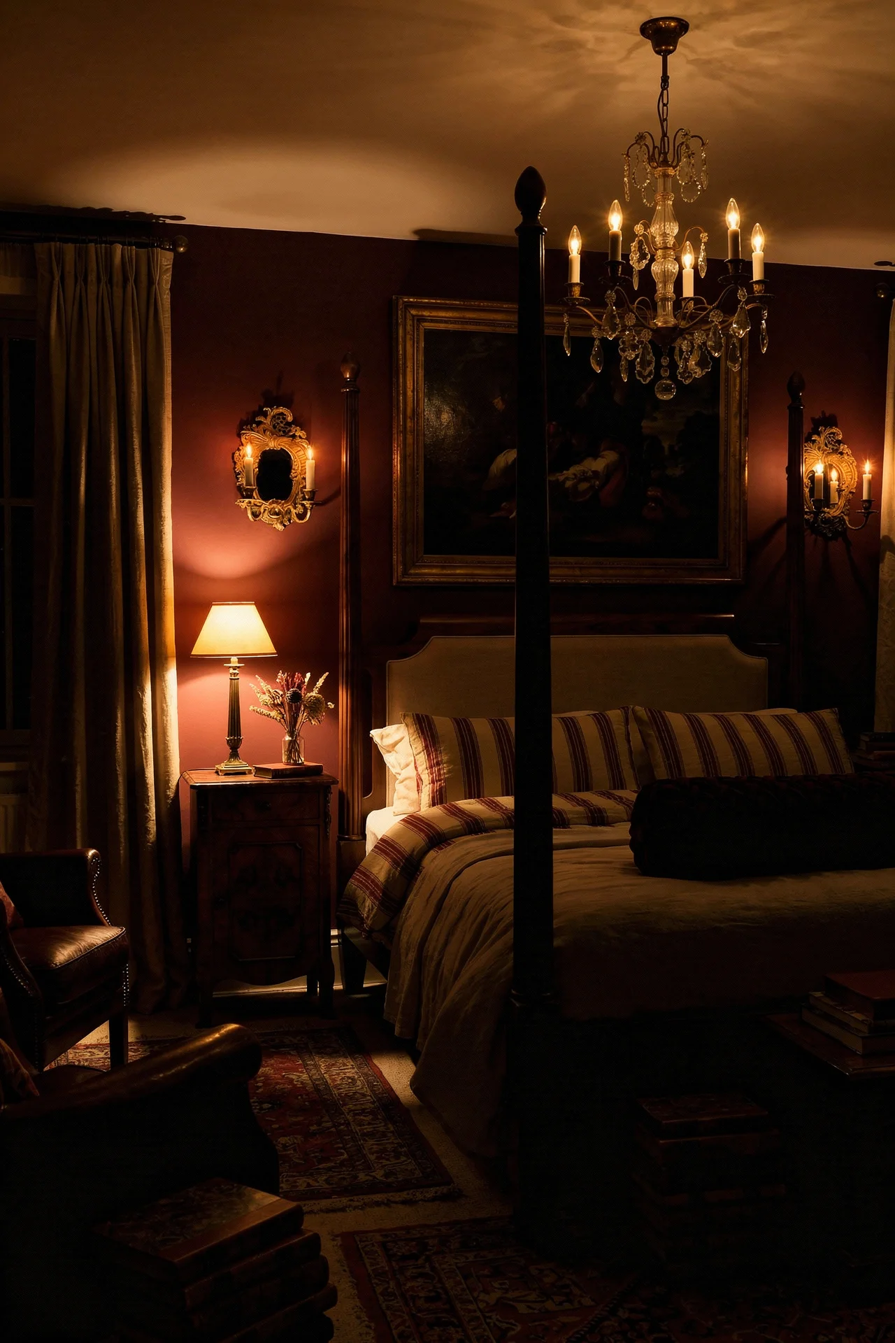 English Country Bedroom featuring walnut four poster bed with crystal chandelier and brass candlestick sconces on deep oxblood walls evening mood