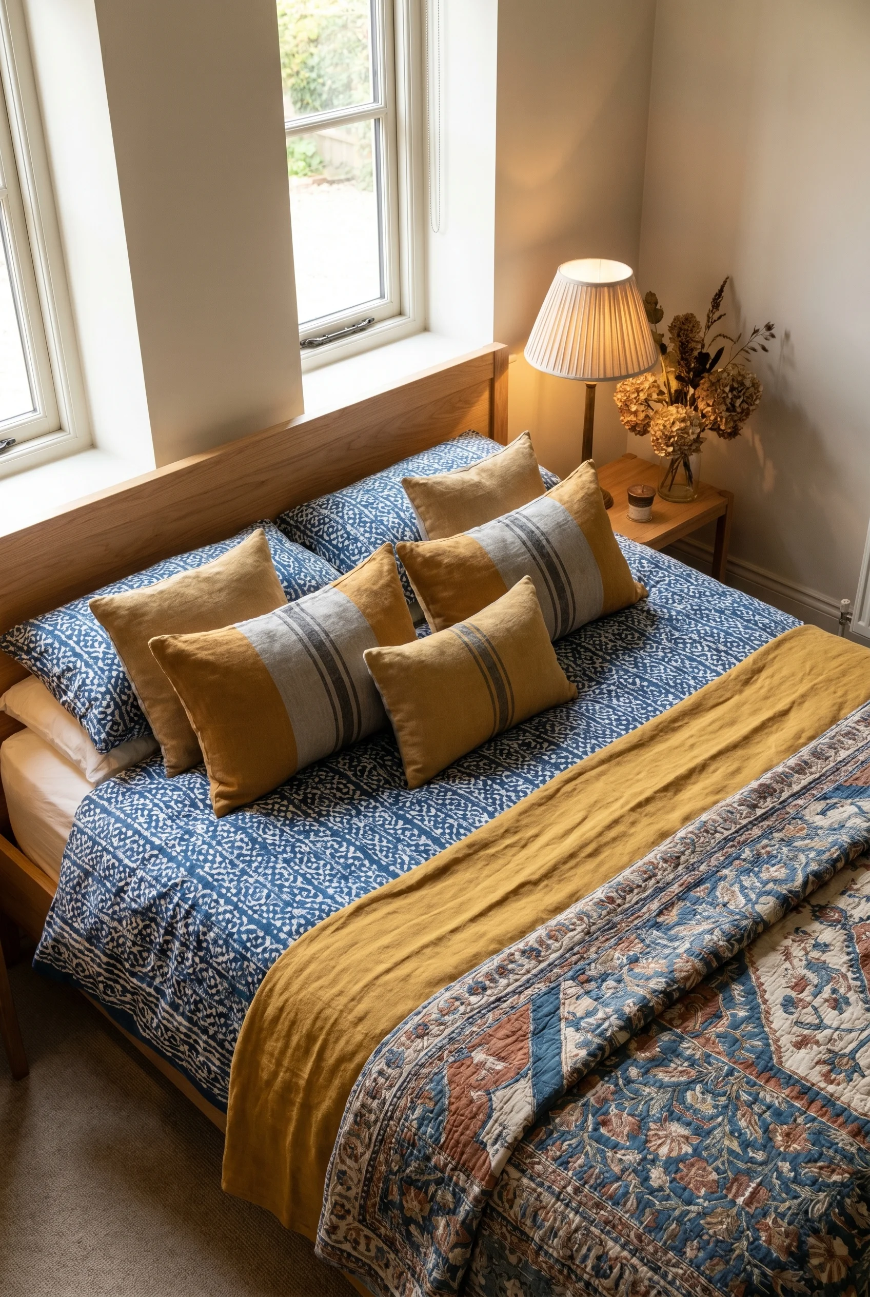 English Country Bedroom featuring indigo kantha quilt with ochre ikat cushions and green ceramic lamp