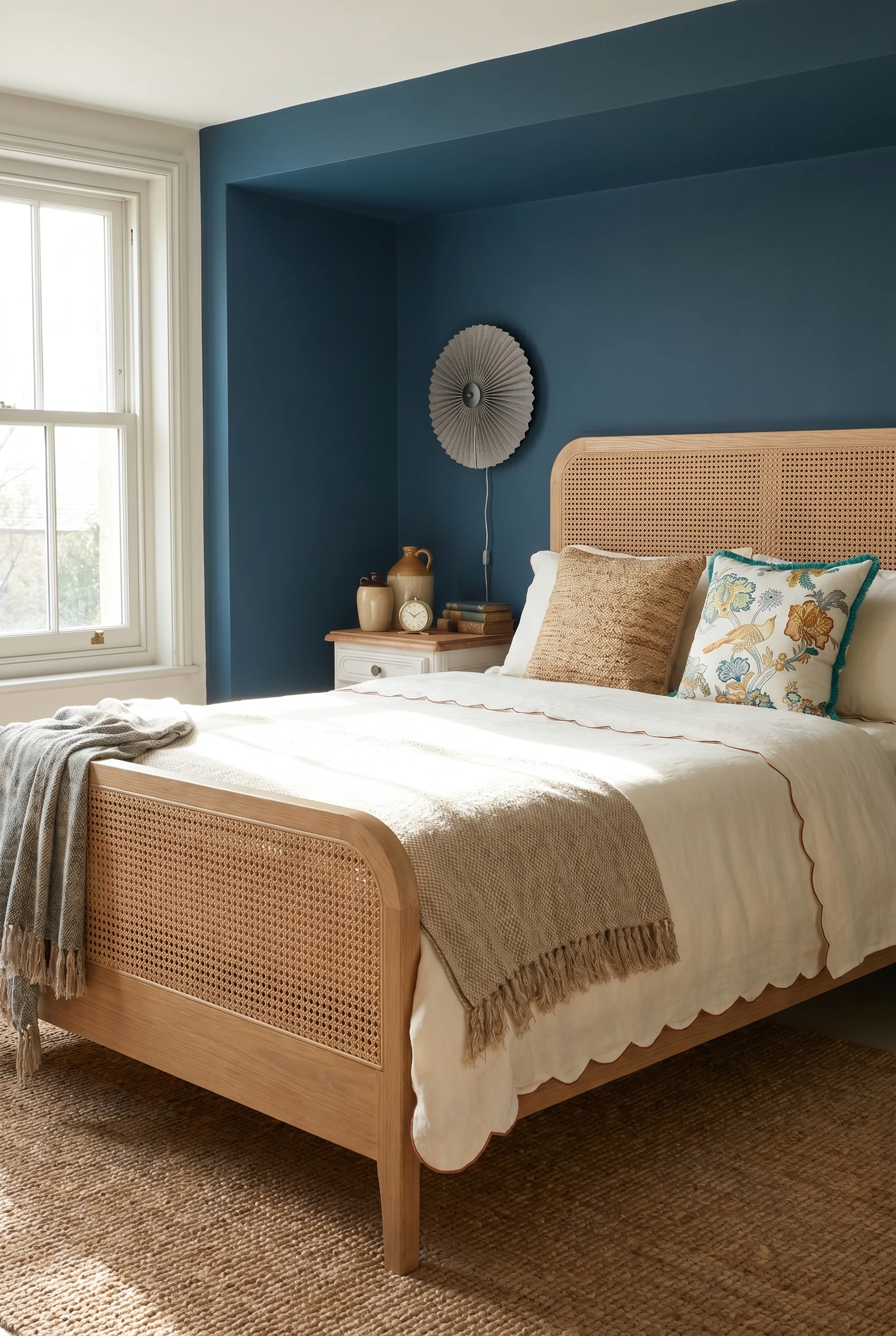 English Country Bedroom featuring caned headboard bed with pleated wall sconce on inky blue walls