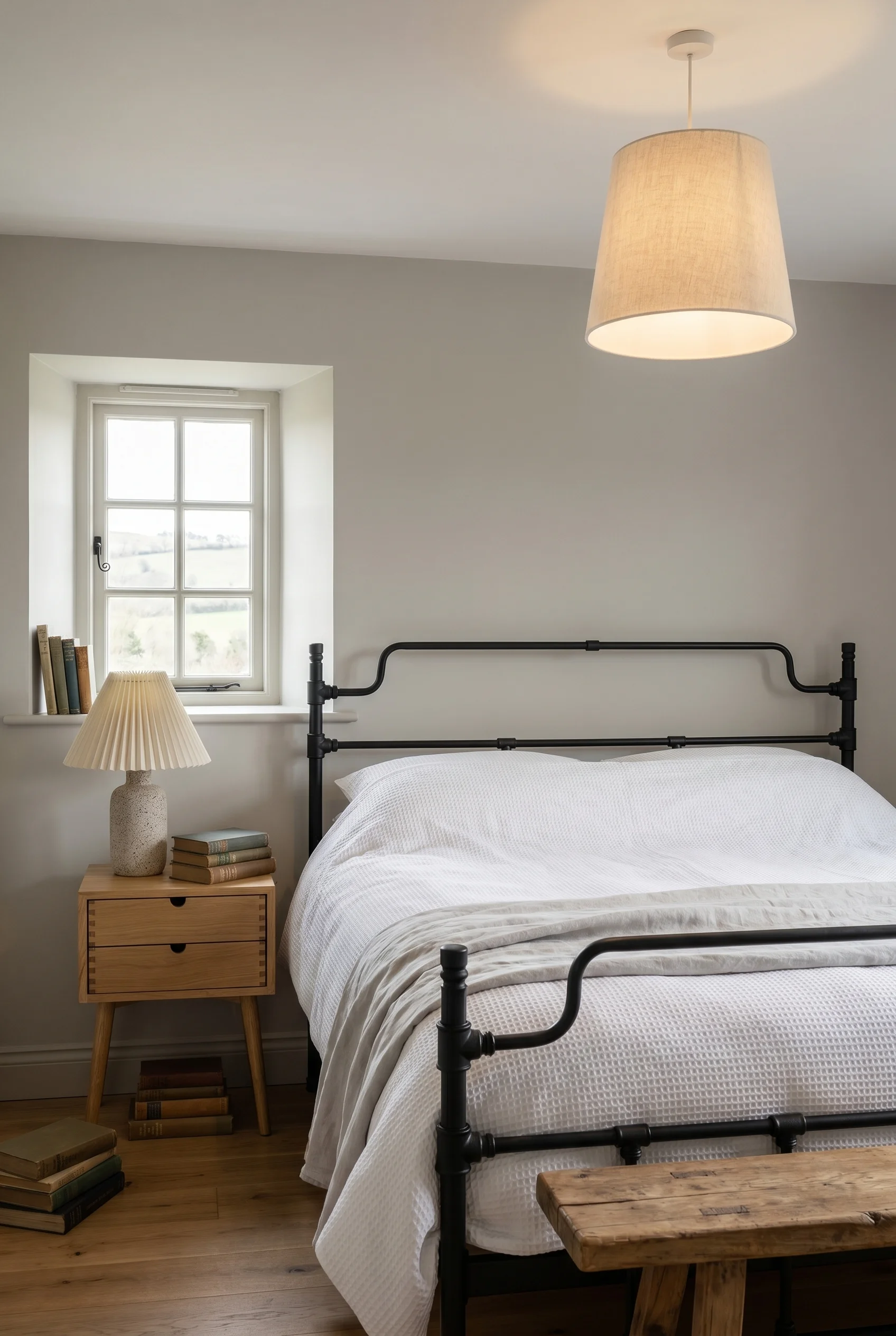 English Country Bedroom featuring black iron headboard with pleated linen pendant and ceramic bedside lamp on warm grey walls