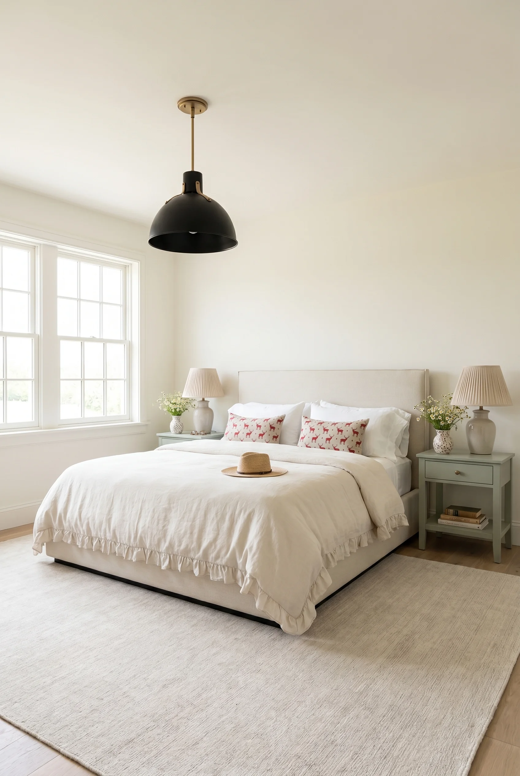 English Country Bedroom featuring ivory upholstered bed with sage green nightstands and black pendant